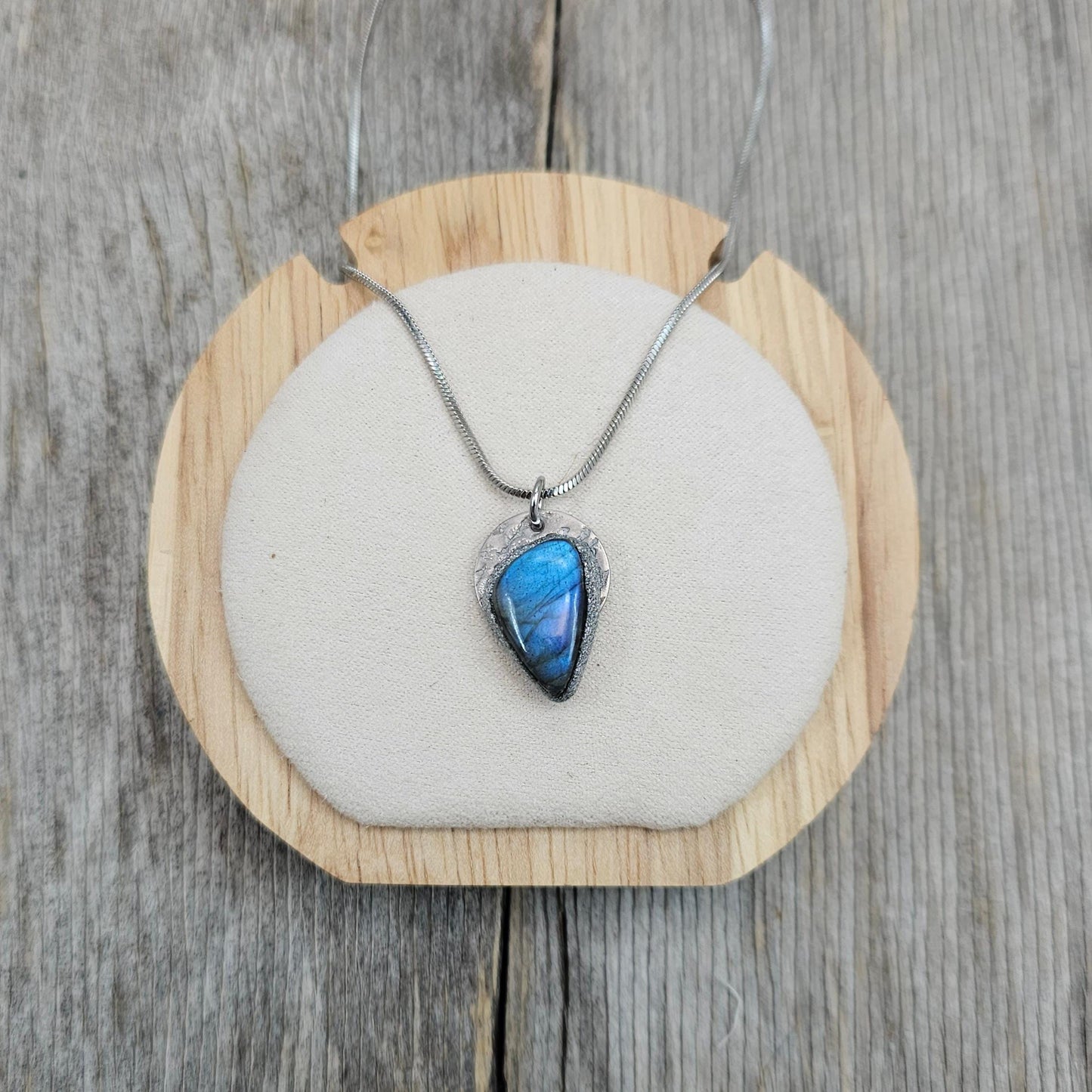 Handmade labradorite pendant necklace with a short stainless steel chain. Features a unique polymer clay setting. One of a kind magical jewelry, perfect gift for her.