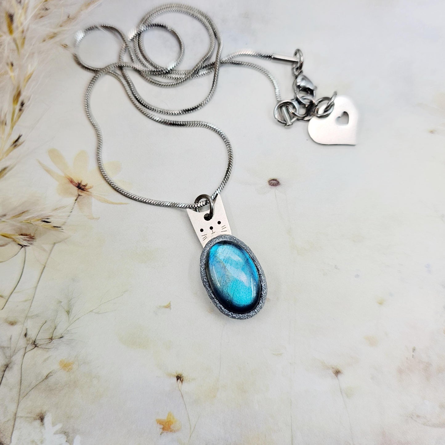 Handmade labradorite pendant necklace with a short stainless steel chain. Features a unique polymer clay setting. One of a kind magical jewelry, perfect gift for her.