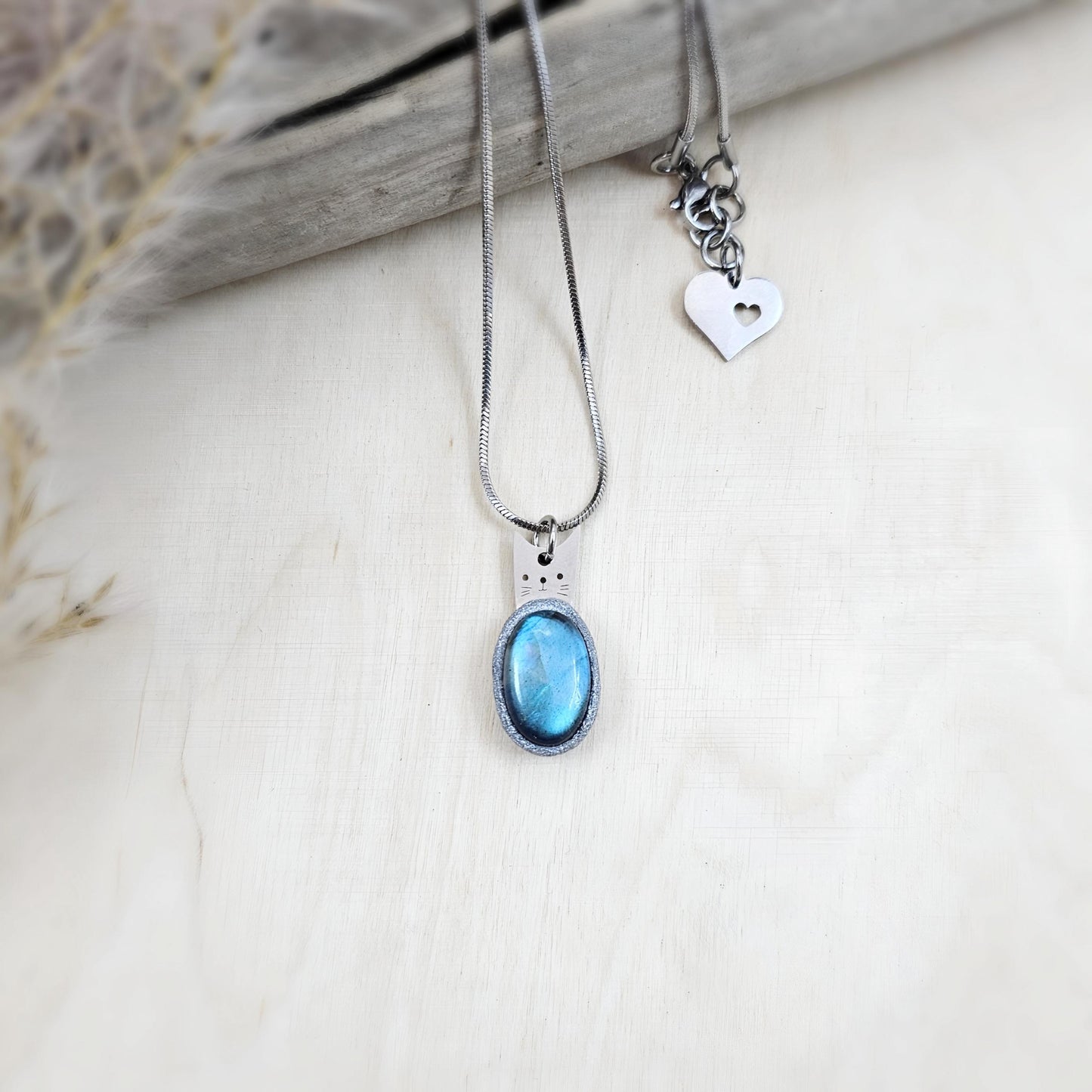 Handmade labradorite pendant necklace with a short stainless steel chain. Features a unique polymer clay setting. One of a kind magical jewelry, perfect gift for her.