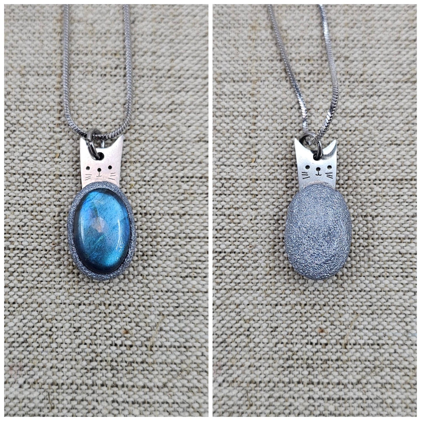 Handmade labradorite pendant necklace with a short stainless steel chain. Features a unique polymer clay setting. One of a kind magical jewelry, perfect gift for her.