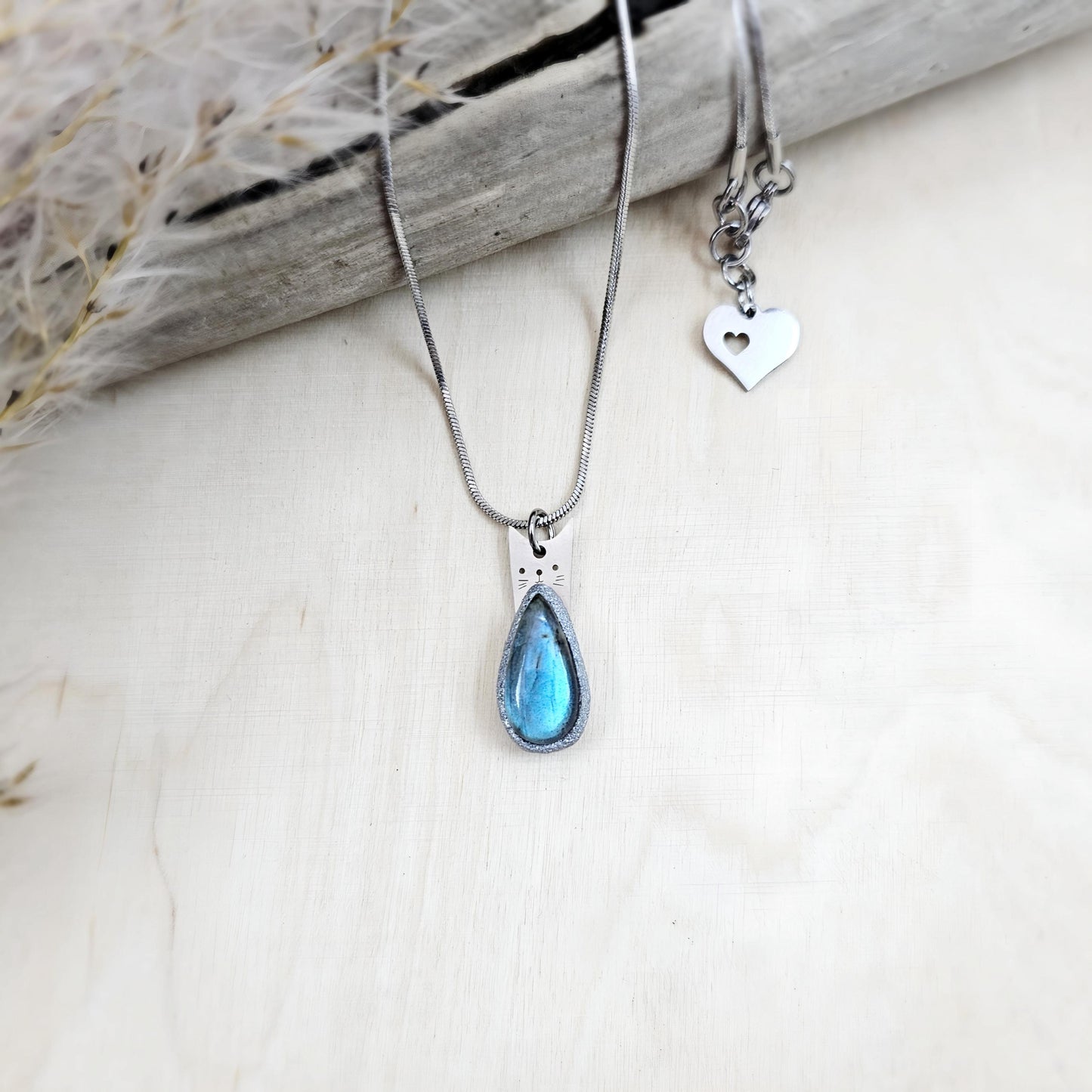 Handmade labradorite pendant necklace with a short stainless steel chain. Features a unique polymer clay setting. One of a kind magical jewelry, perfect gift for her.