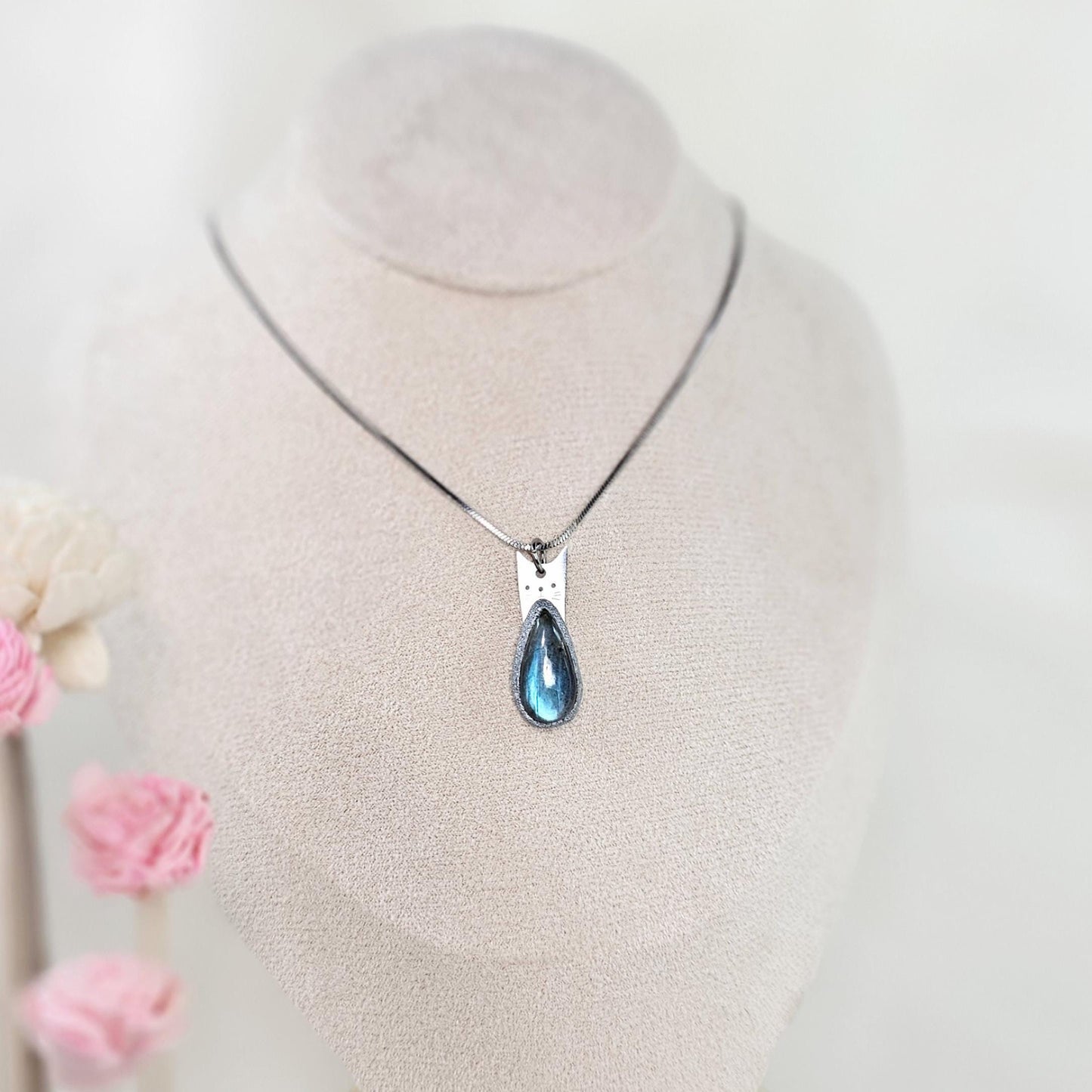 Handmade labradorite pendant necklace with a short stainless steel chain. Features a unique polymer clay setting. One of a kind magical jewelry, perfect gift for her.