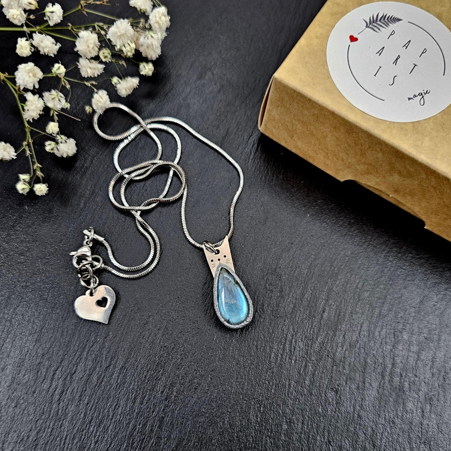 Handmade labradorite pendant necklace with a short stainless steel chain. Features a unique polymer clay setting. One of a kind magical jewelry, perfect gift for her.