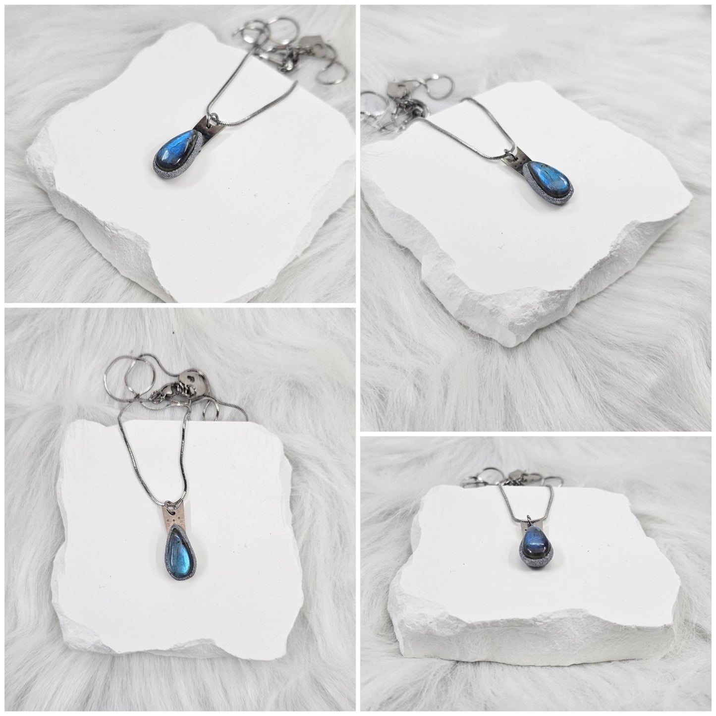 Handmade labradorite pendant necklace with a short stainless steel chain. Features a unique polymer clay setting. One of a kind magical jewelry, perfect gift for her.
