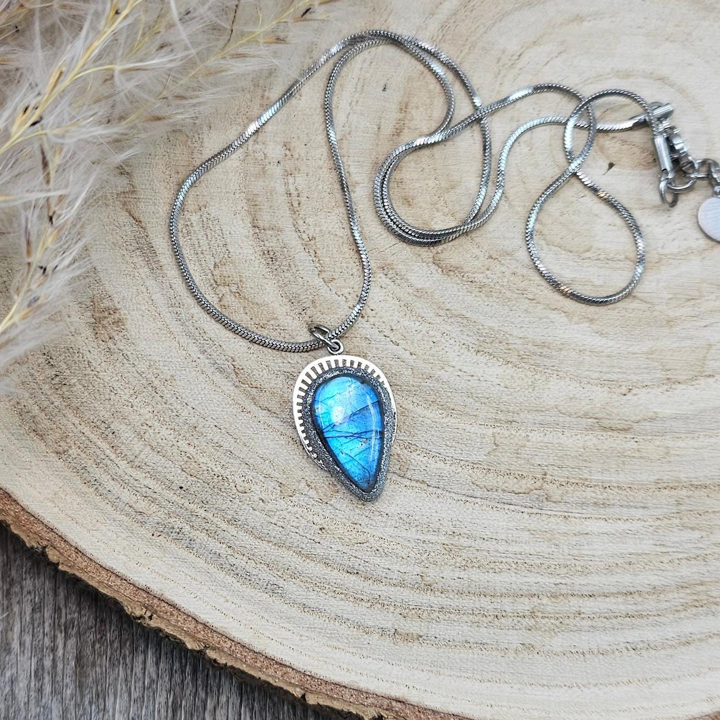 Handmade labradorite pendant necklace with a short stainless steel chain. Features a unique polymer clay setting. One of a kind magical jewelry, perfect gift for her.