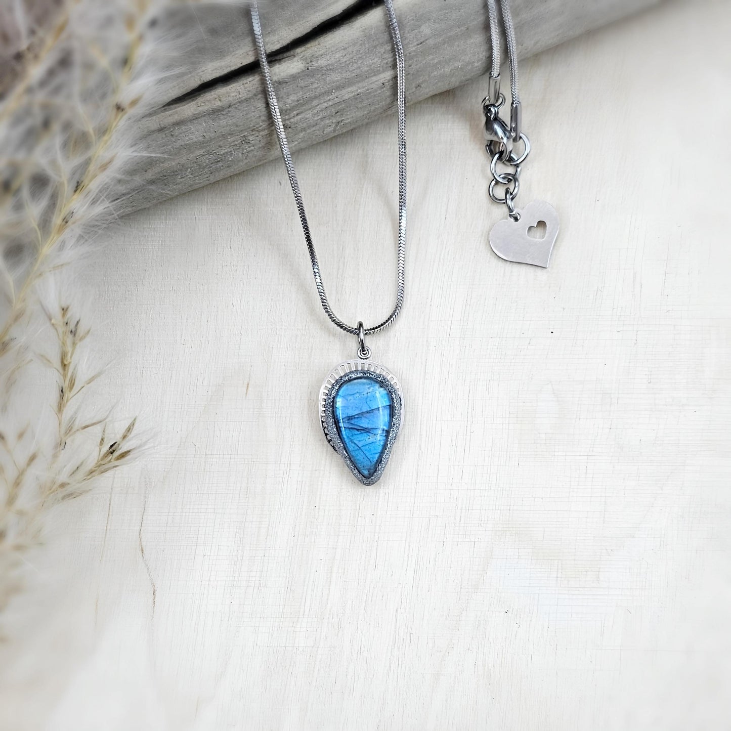 Handmade labradorite pendant necklace with a short stainless steel chain. Features a unique polymer clay setting. One of a kind magical jewelry, perfect gift for her.
