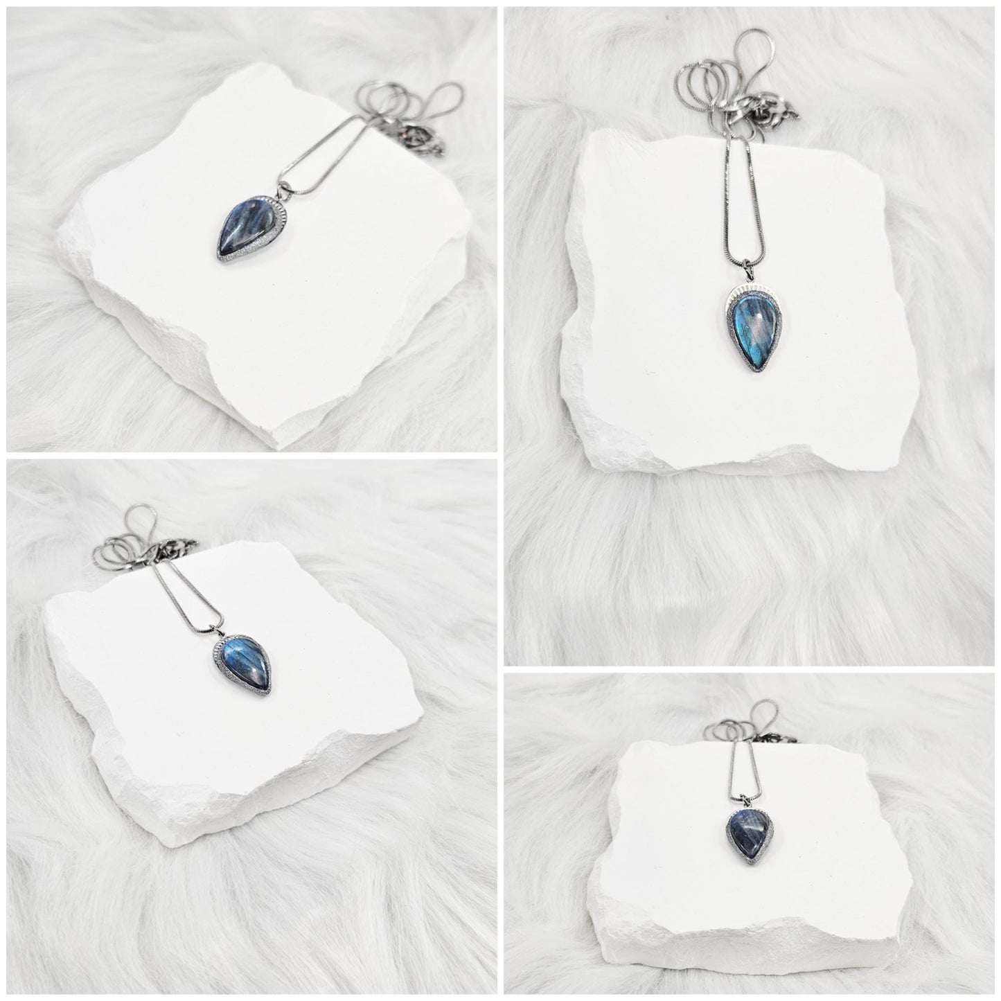 Handmade labradorite pendant necklace with a short stainless steel chain. Features a unique polymer clay setting. One of a kind magical jewelry, perfect gift for her.