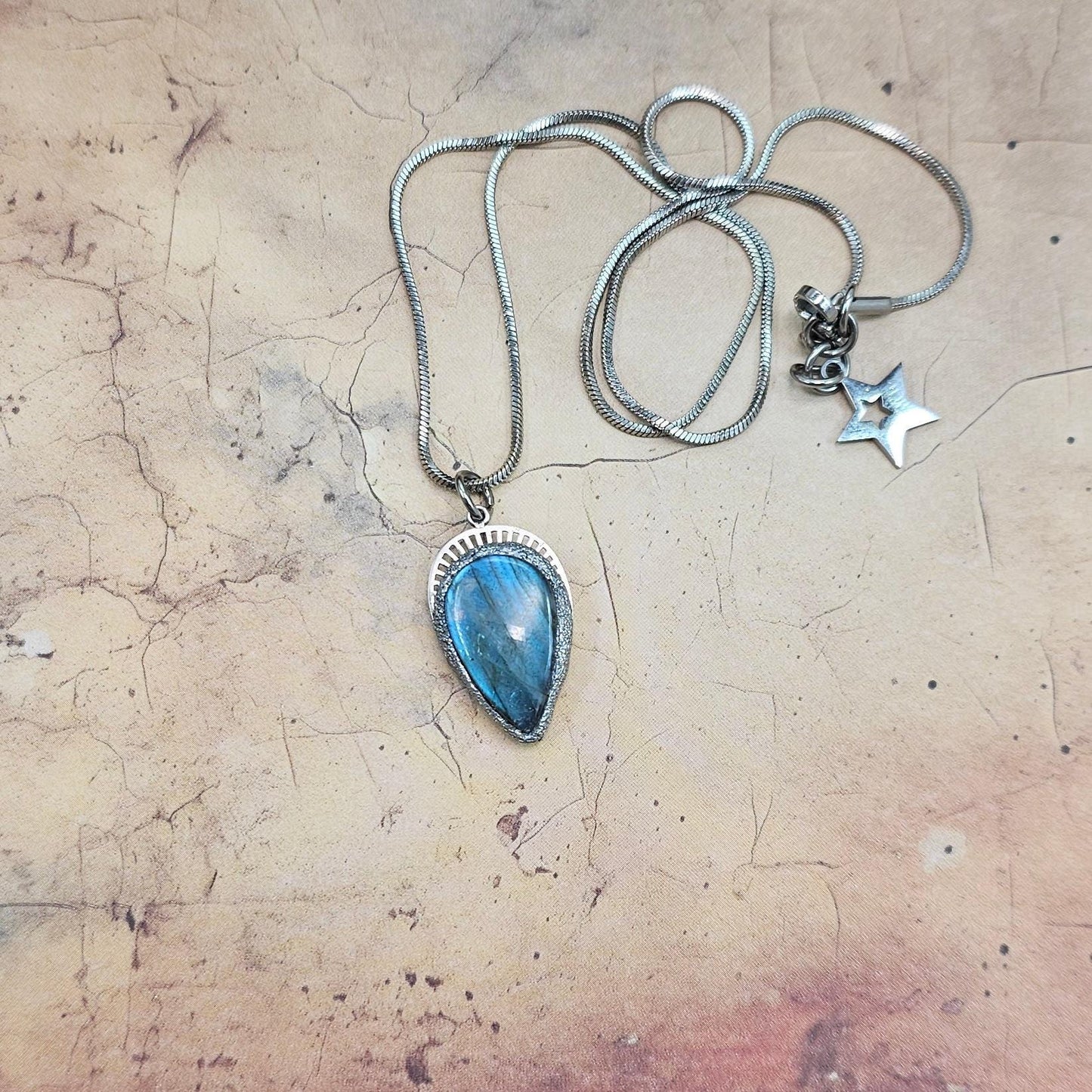 Handmade labradorite pendant necklace with a short stainless steel chain. Features a unique polymer clay setting. One of a kind magical jewelry, perfect gift for her.