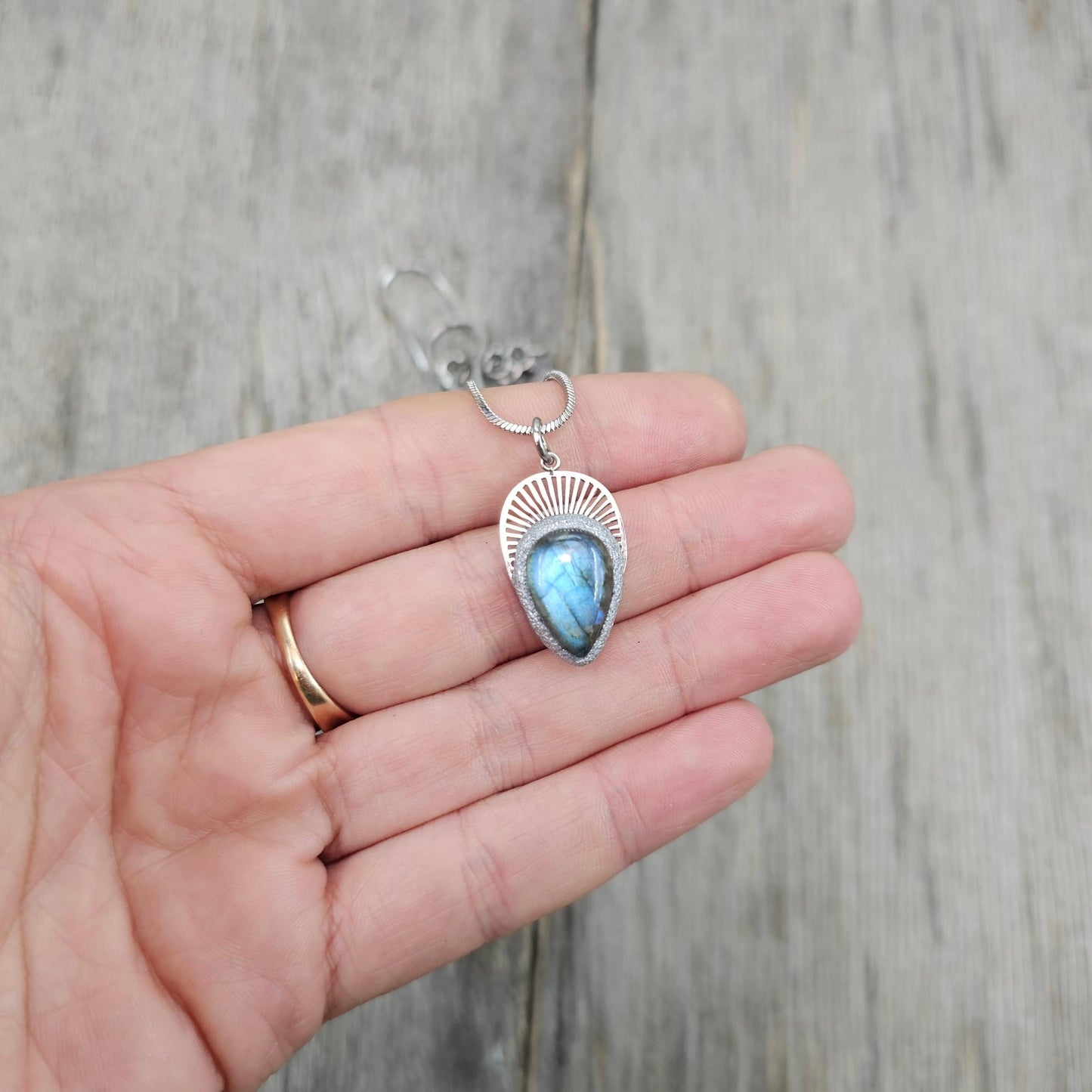 Celestial Blue Labradorite Necklace – Teardrop Pendant in Stainless Steel – Magical Handmade Gift for Her – Amulet Jewelry