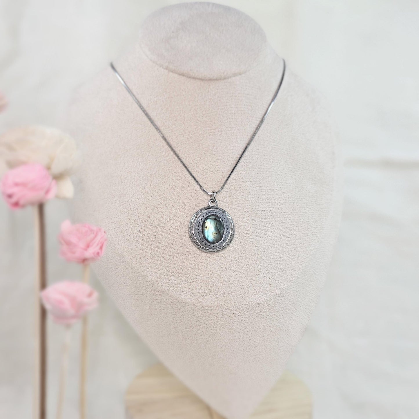Handmade labradorite pendant necklace with a short stainless steel chain. Features a unique polymer clay setting. One of a kind magical jewelry, perfect gift for her.