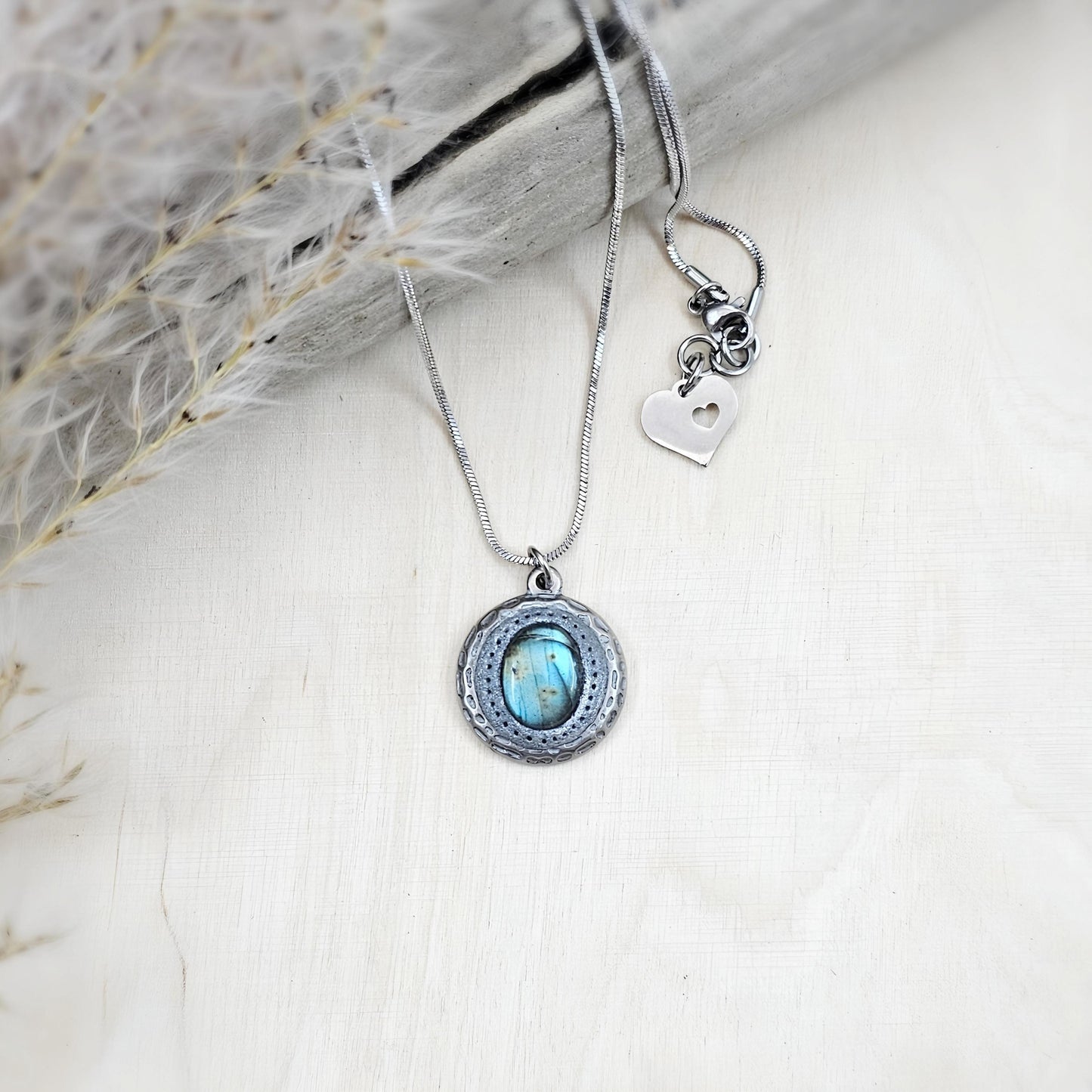 Handmade labradorite pendant necklace with a short stainless steel chain. Features a unique polymer clay setting. One of a kind magical jewelry, perfect gift for her.