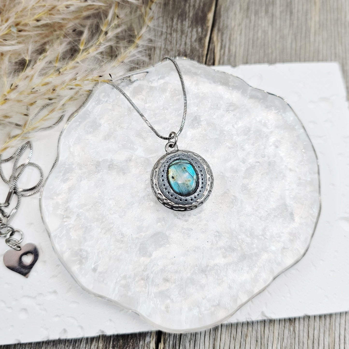 Handmade labradorite pendant necklace with a short stainless steel chain. Features a unique polymer clay setting. One of a kind magical jewelry, perfect gift for her.