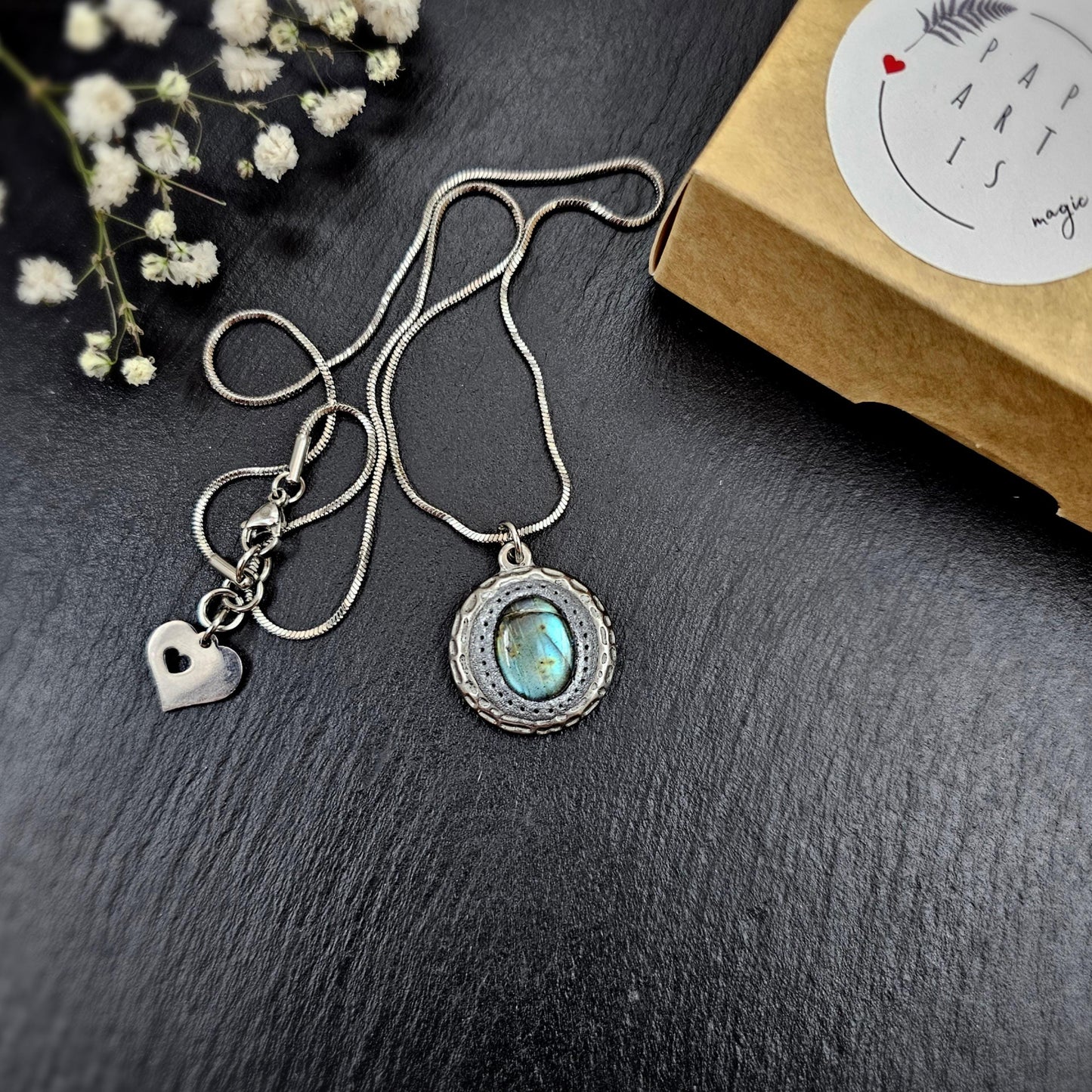 Small Labradorite Pendant Necklace – Stainless Steel Chain – One of a Kind Jewelry – Magical Gift for Her - Minimalistic pendant