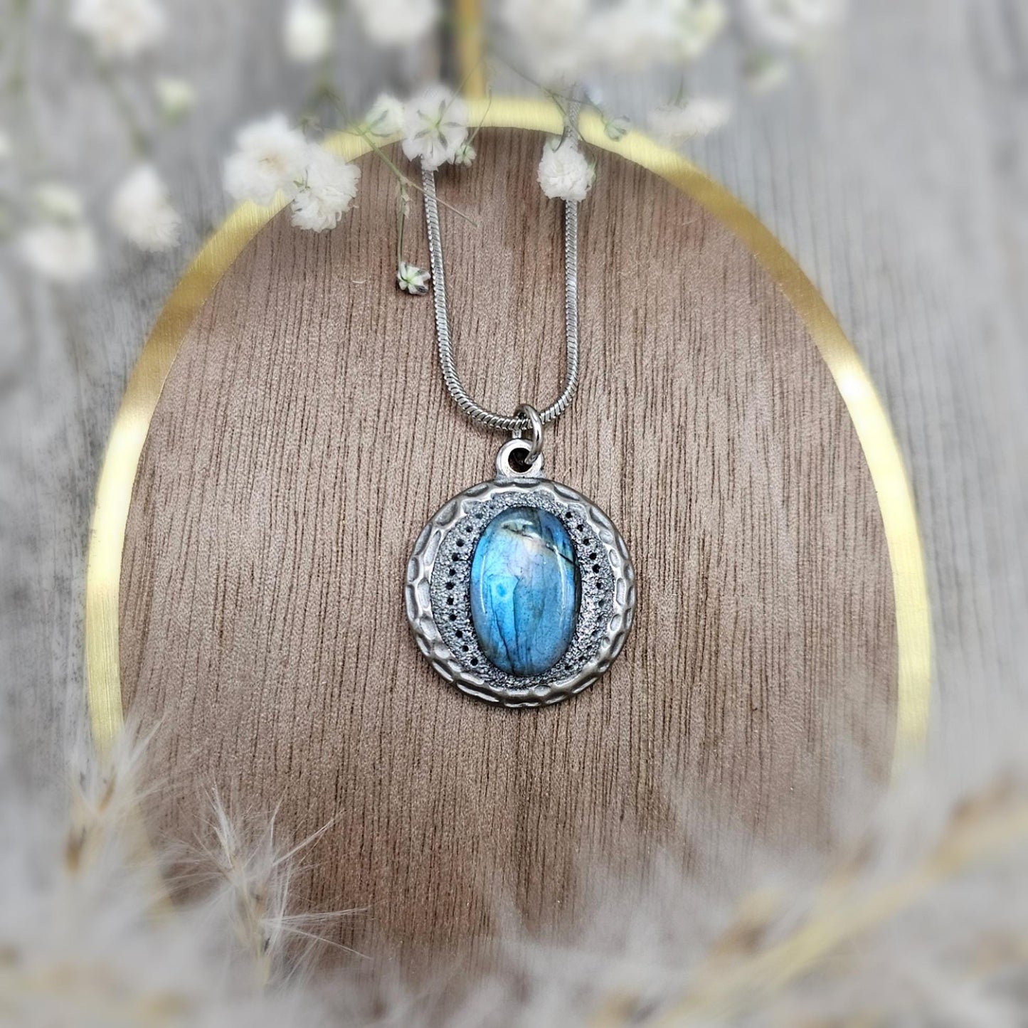 Handmade labradorite pendant necklace with a short stainless steel chain. Features a unique polymer clay setting. One of a kind magical jewelry, perfect gift for her.