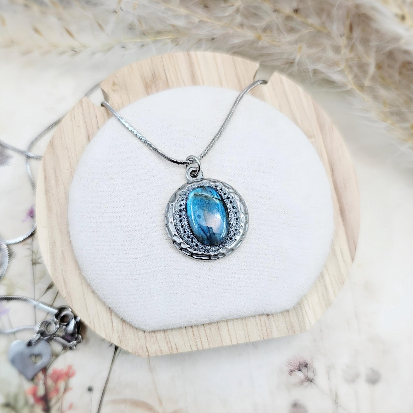 Handmade labradorite pendant necklace with a short stainless steel chain. Features a unique polymer clay setting. One of a kind magical jewelry, perfect gift for her.