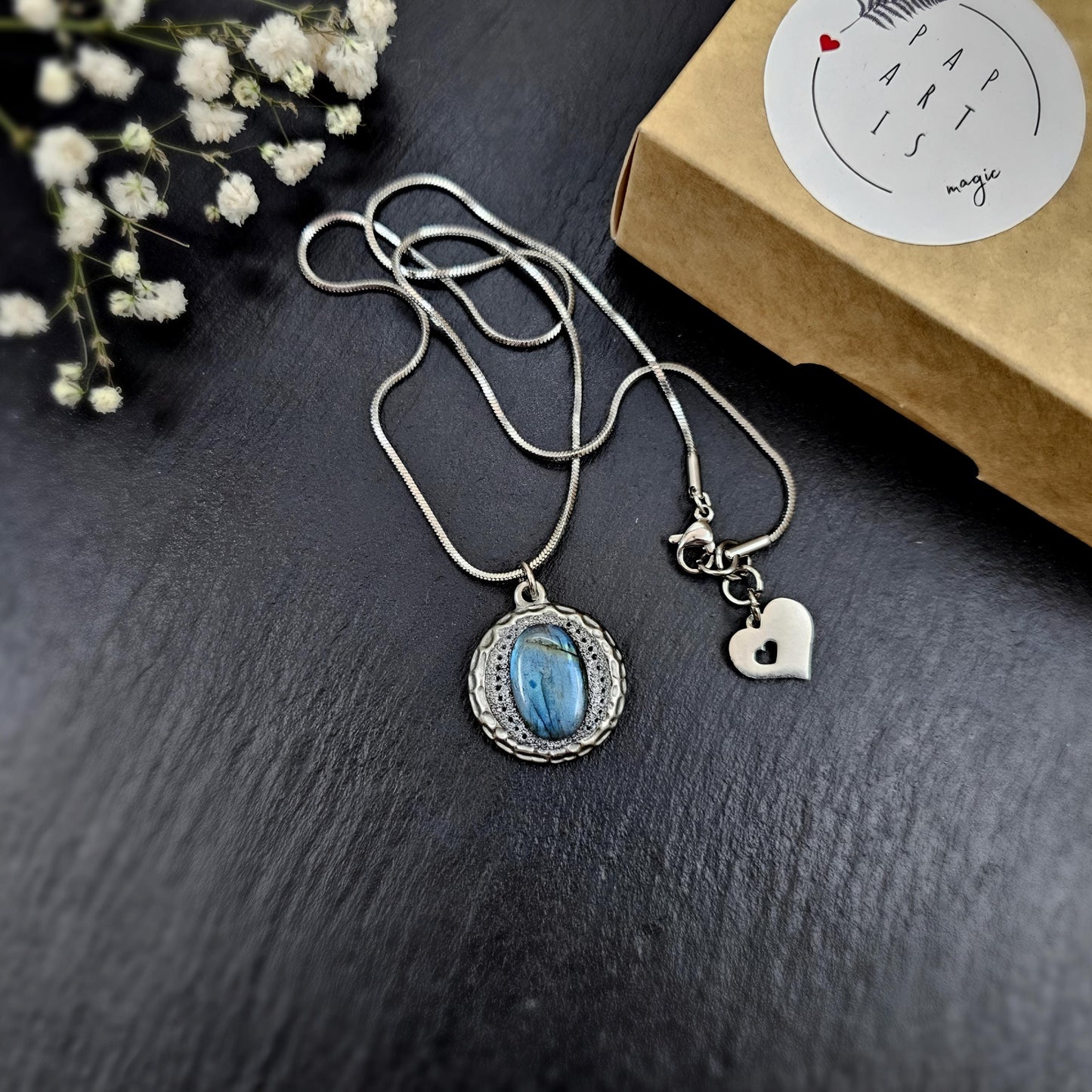 Handmade labradorite pendant necklace with a short stainless steel chain. Features a unique polymer clay setting. One of a kind magical jewelry, perfect gift for her.