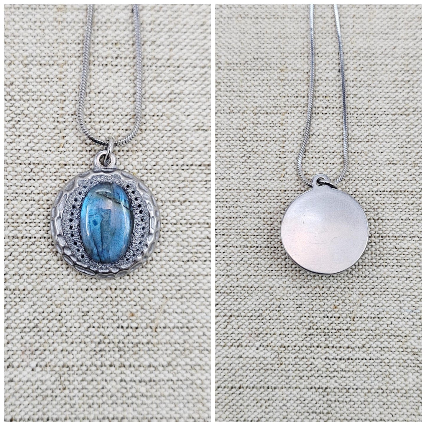 Handmade labradorite pendant necklace with a short stainless steel chain. Features a unique polymer clay setting. One of a kind magical jewelry, perfect gift for her.
