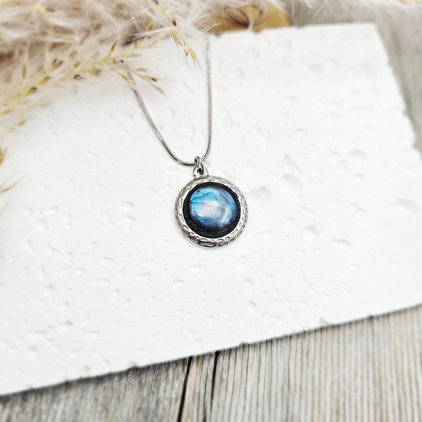 Handmade labradorite pendant necklace with a short stainless steel chain. Features a unique polymer clay setting. One of a kind magical jewelry, perfect gift for her.