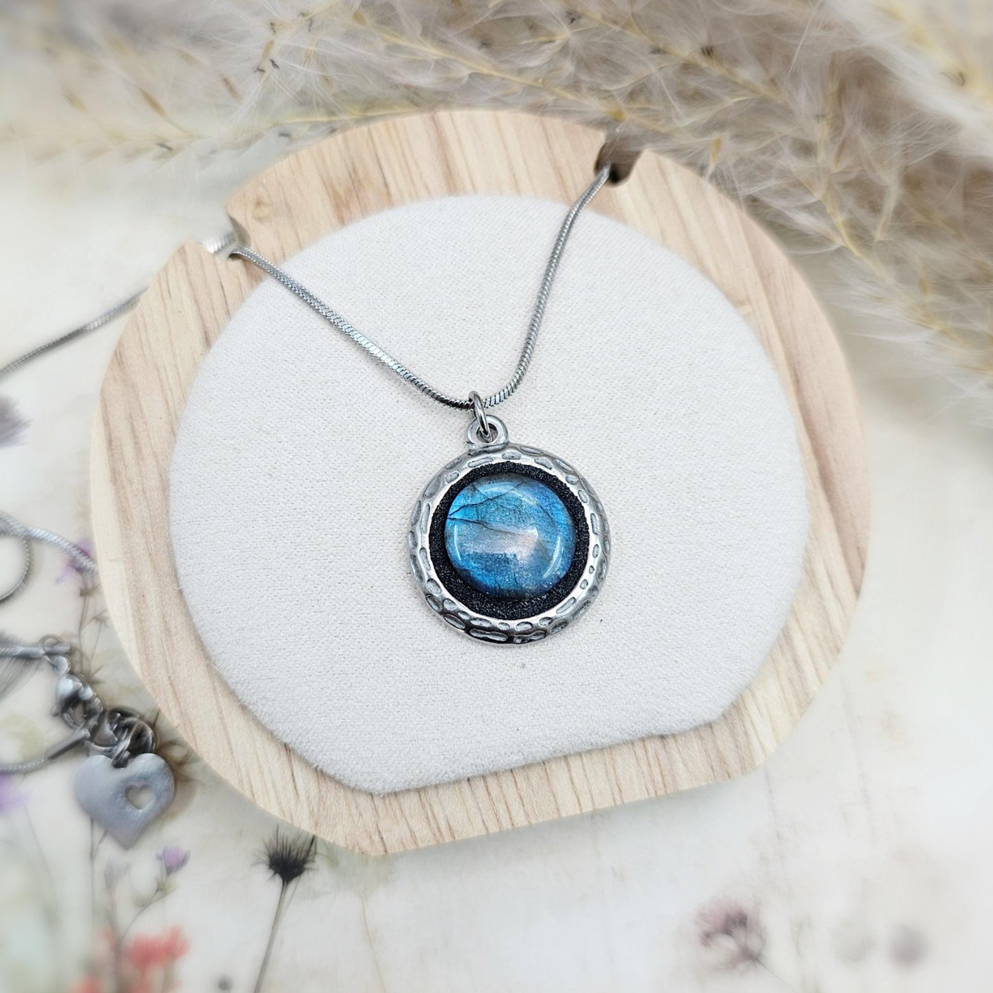 Handmade labradorite pendant necklace with a short stainless steel chain. Features a unique polymer clay setting. One of a kind magical jewelry, perfect gift for her.