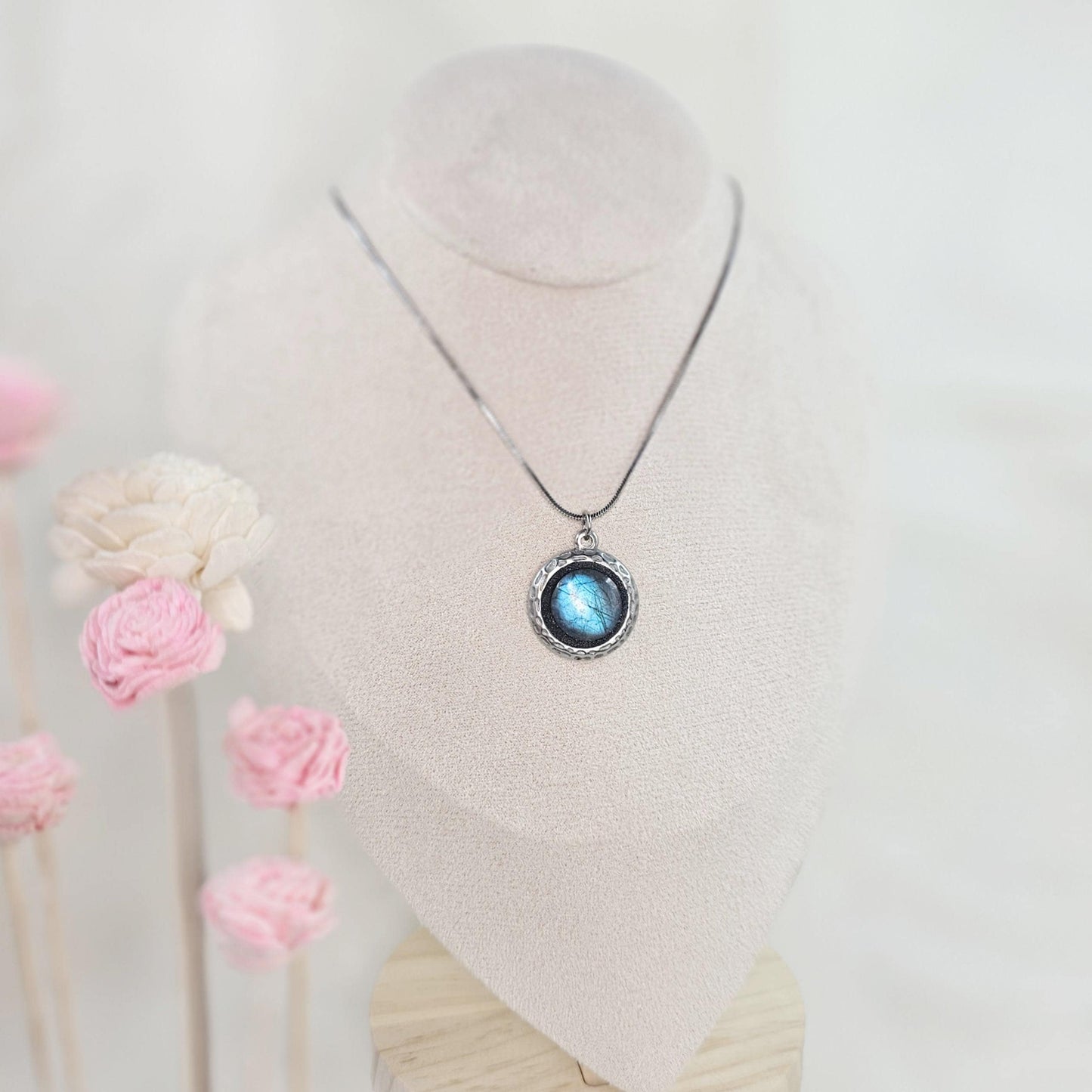 Minimalistic Labradorite Deep Blue Pendant Necklace – Stainless Steel – One of a Kind Polymer Clay Jewelry – Magical Gift for Her