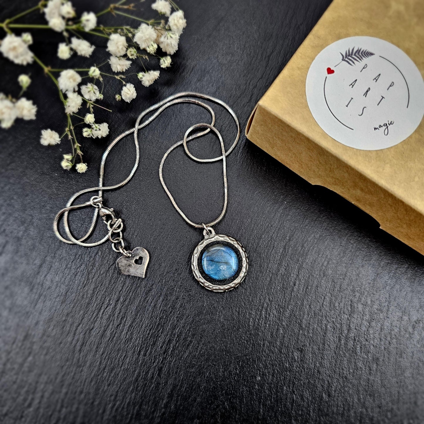 Handmade labradorite pendant necklace with a short stainless steel chain. Features a unique polymer clay setting. One of a kind magical jewelry, perfect gift for her.