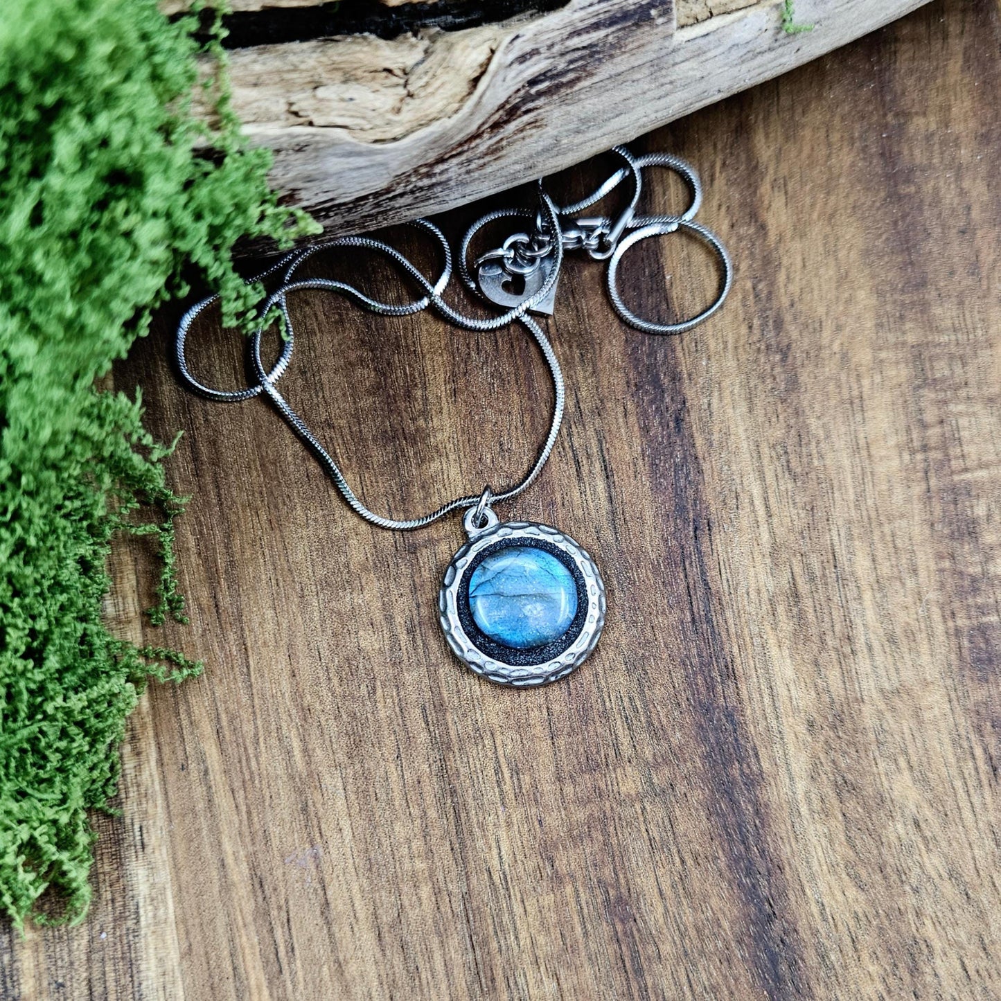 Handmade labradorite pendant necklace with a short stainless steel chain. Features a unique polymer clay setting. One of a kind magical jewelry, perfect gift for her.