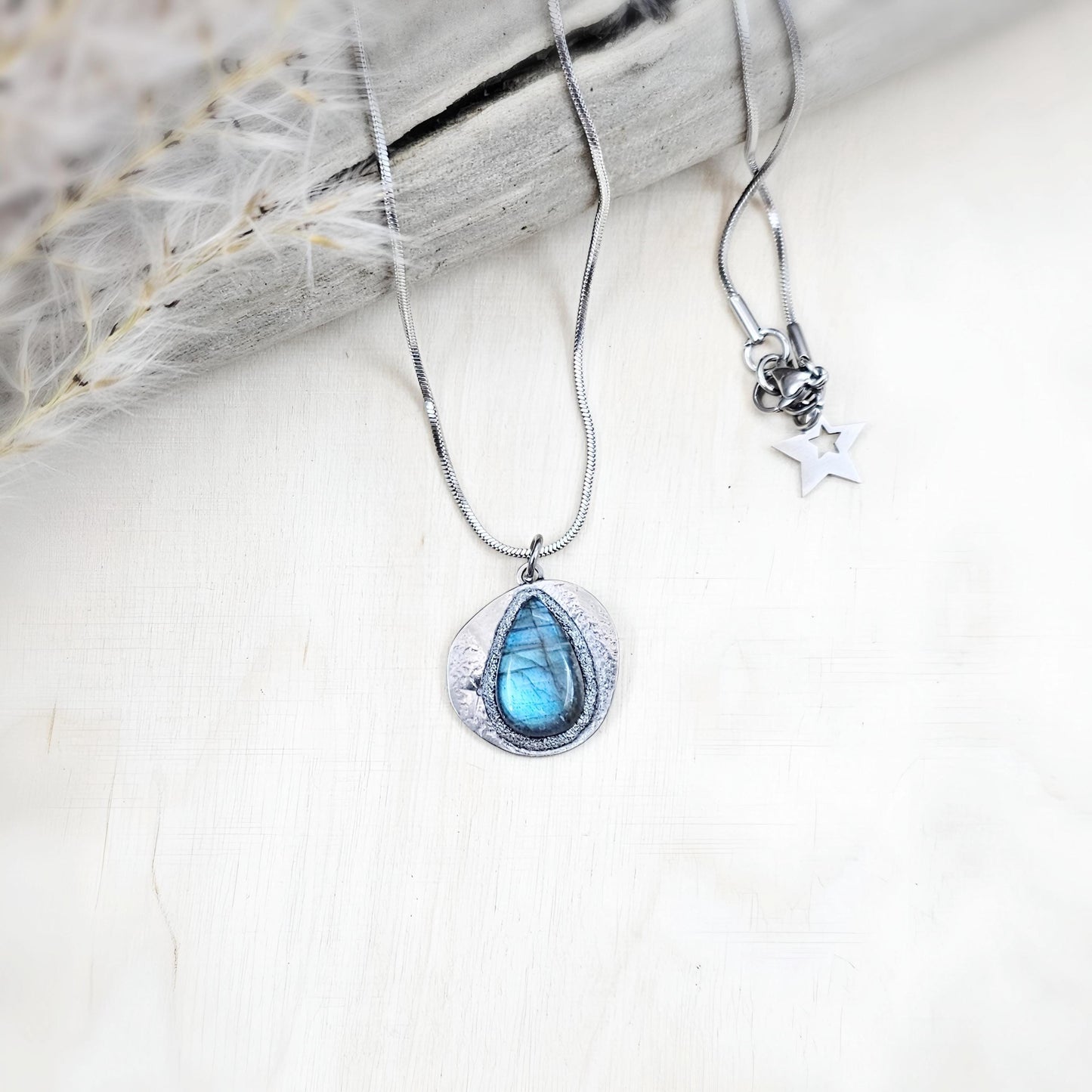Handmade labradorite pendant necklace with a short stainless steel chain. Features a unique polymer clay setting. One of a kind magical jewelry, perfect gift for her.