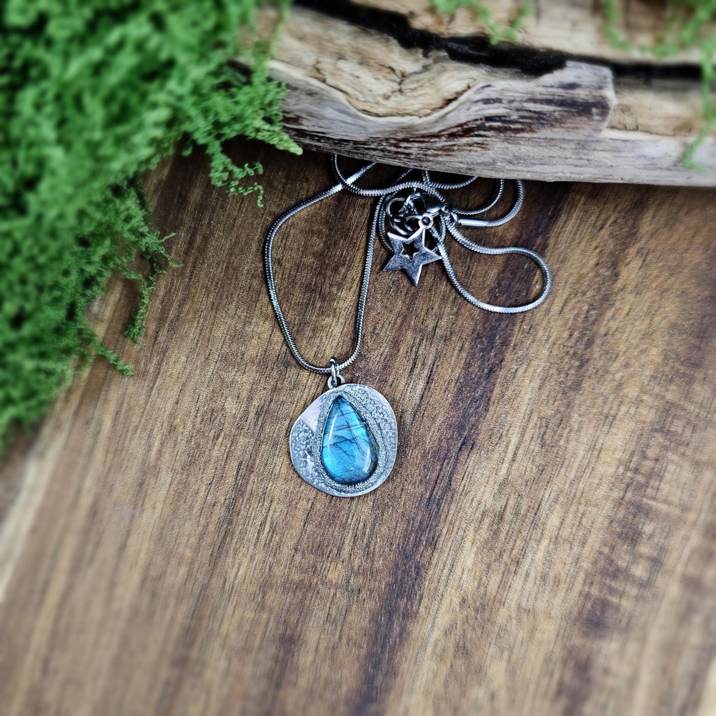 Handmade labradorite pendant necklace with a short stainless steel chain. Features a unique polymer clay setting. One of a kind magical jewelry, perfect gift for her.