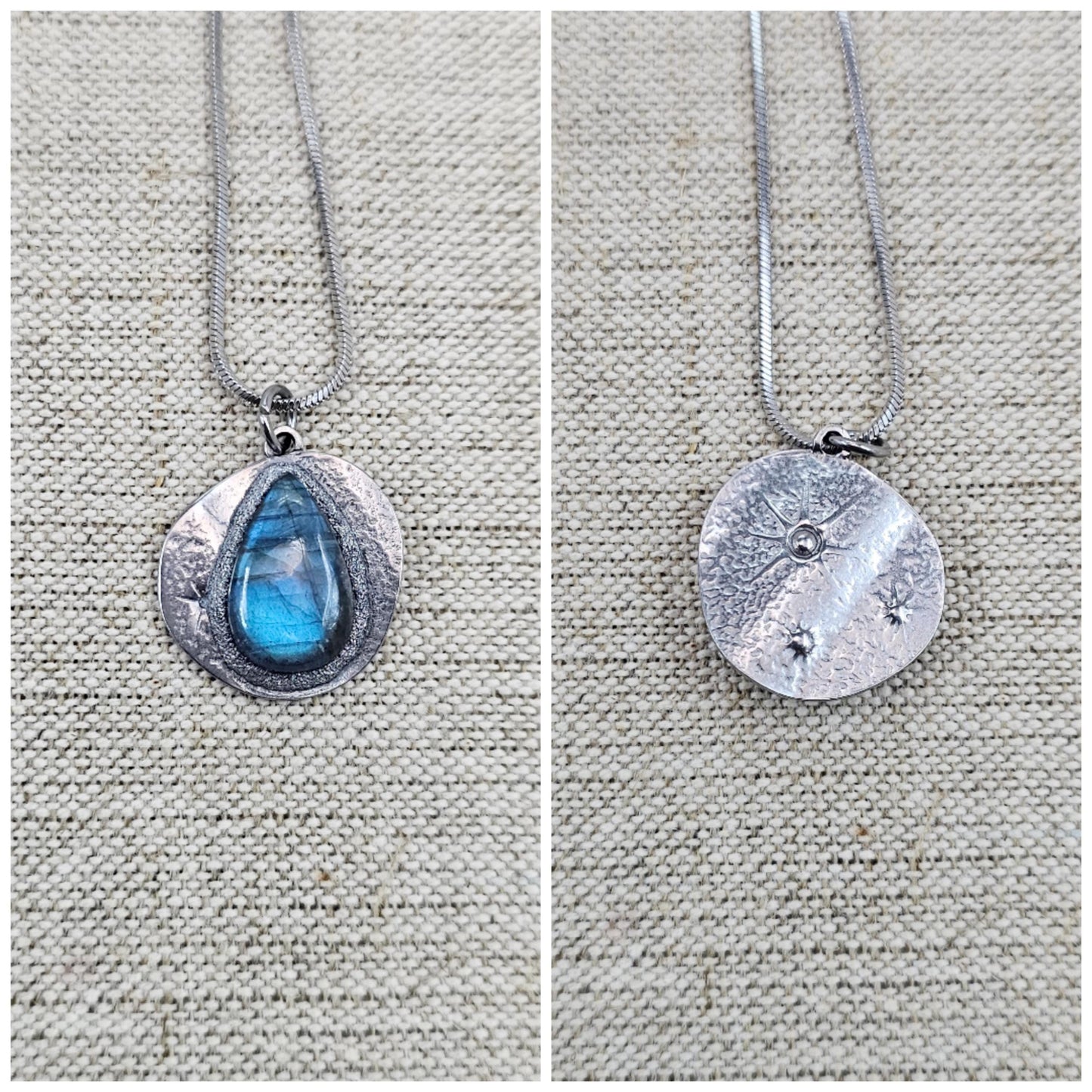 Handmade labradorite pendant necklace with a short stainless steel chain. Features a unique polymer clay setting. One of a kind magical jewelry, perfect gift for her.
