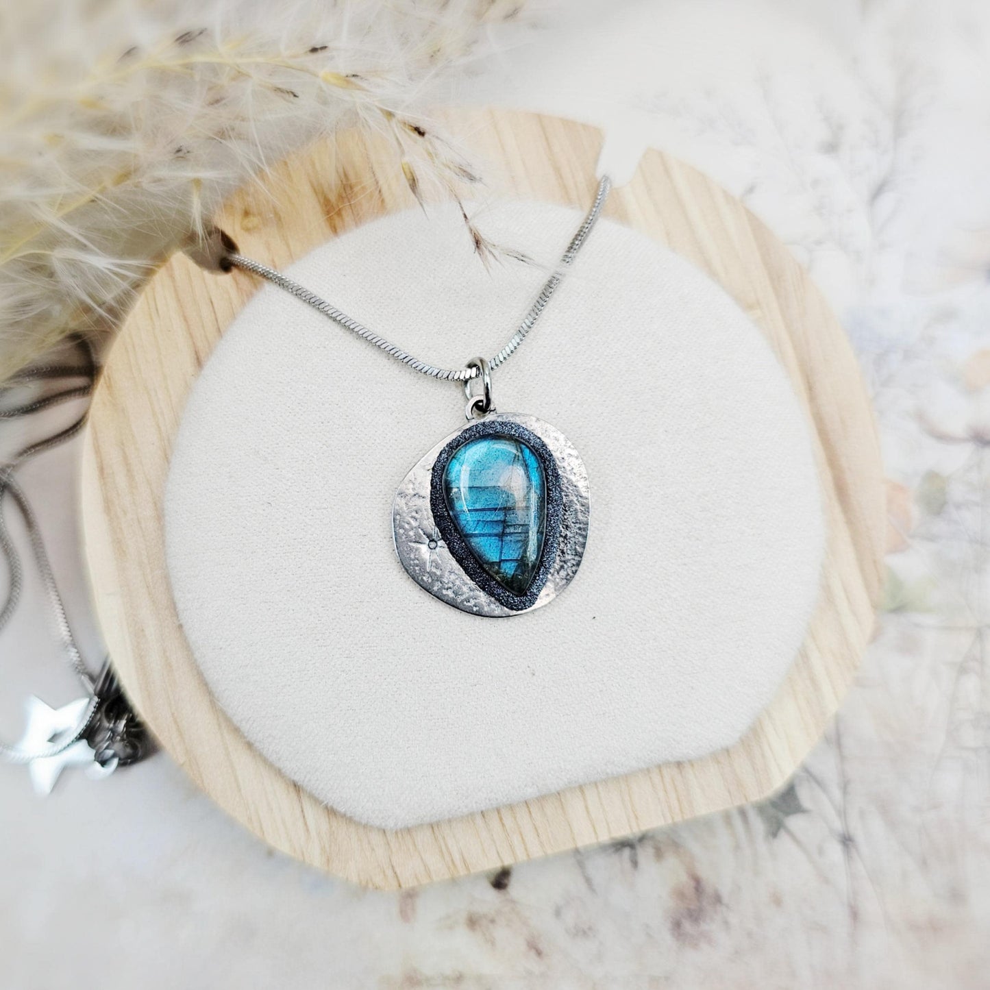 Handmade labradorite pendant necklace with a short stainless steel chain. Features a unique polymer clay setting. One of a kind magical jewelry, perfect gift for her.