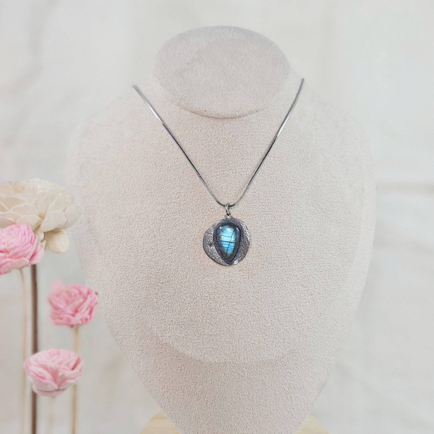 Handmade labradorite pendant necklace with a short stainless steel chain. Features a unique polymer clay setting. One of a kind magical jewelry, perfect gift for her.