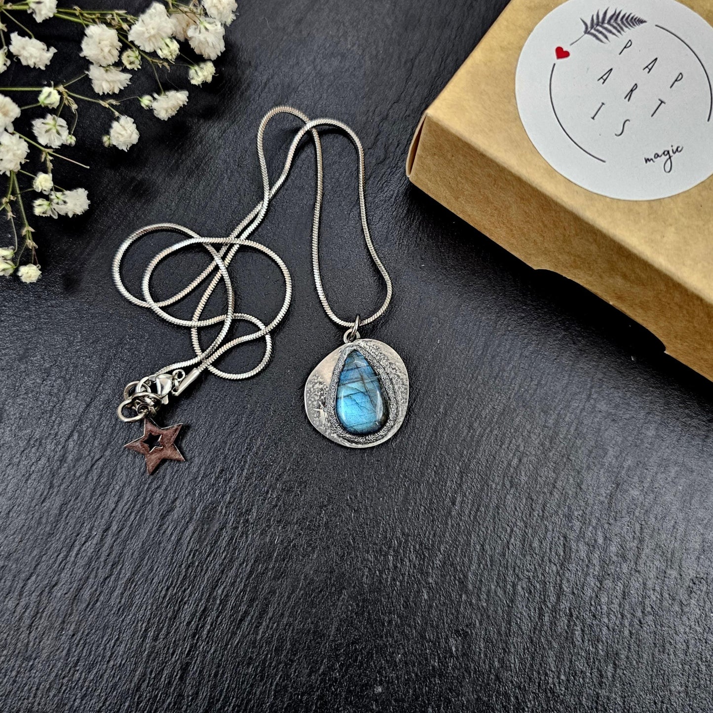Handmade labradorite pendant necklace with a short stainless steel chain. Features a unique polymer clay setting. One of a kind magical jewelry, perfect gift for her.