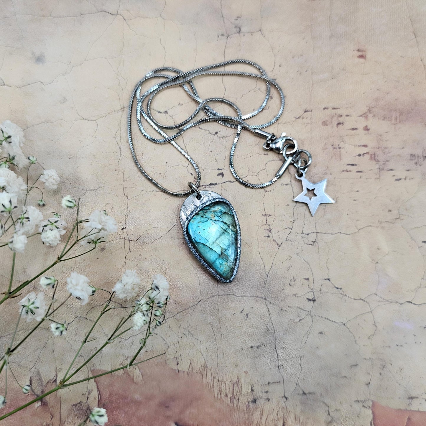 Handmade labradorite pendant necklace with a short stainless steel chain. Features a unique polymer clay setting. One of a kind magical jewelry, perfect gift for her.