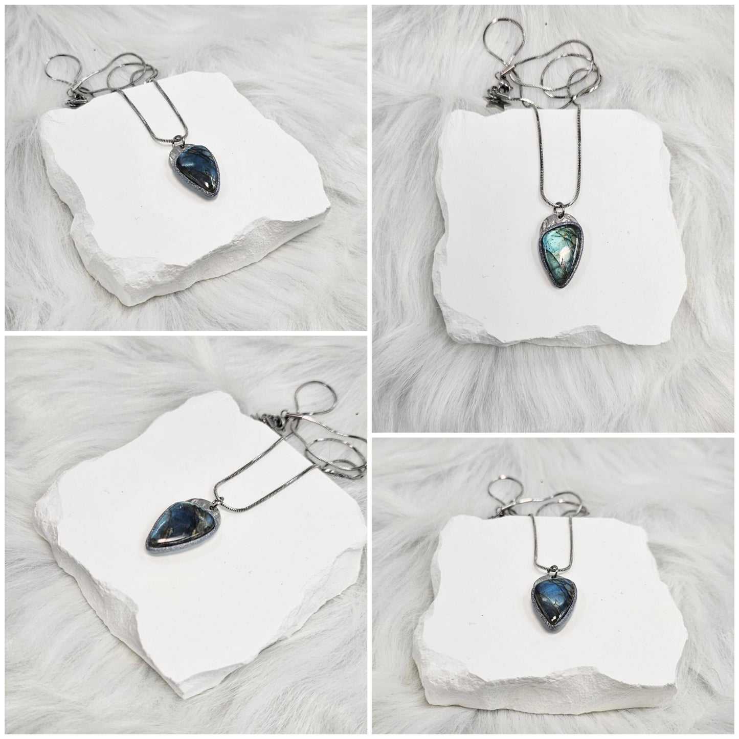 Gallery showing labradorite pendant from various angles with less glow. Demonstrates natural variation of the stone.