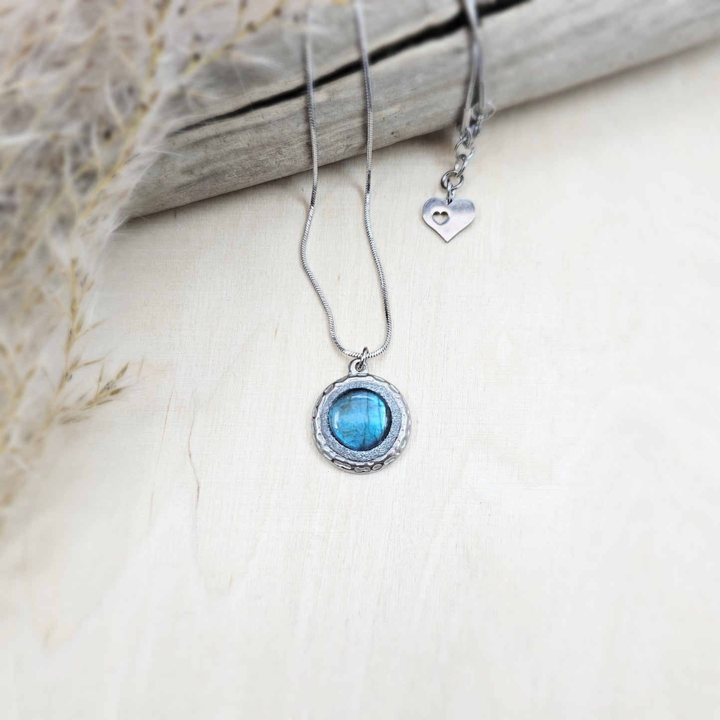 Handmade labradorite pendant necklace with a short stainless steel chain. Features a unique polymer clay setting. One of a kind magical jewelry, perfect gift for her.