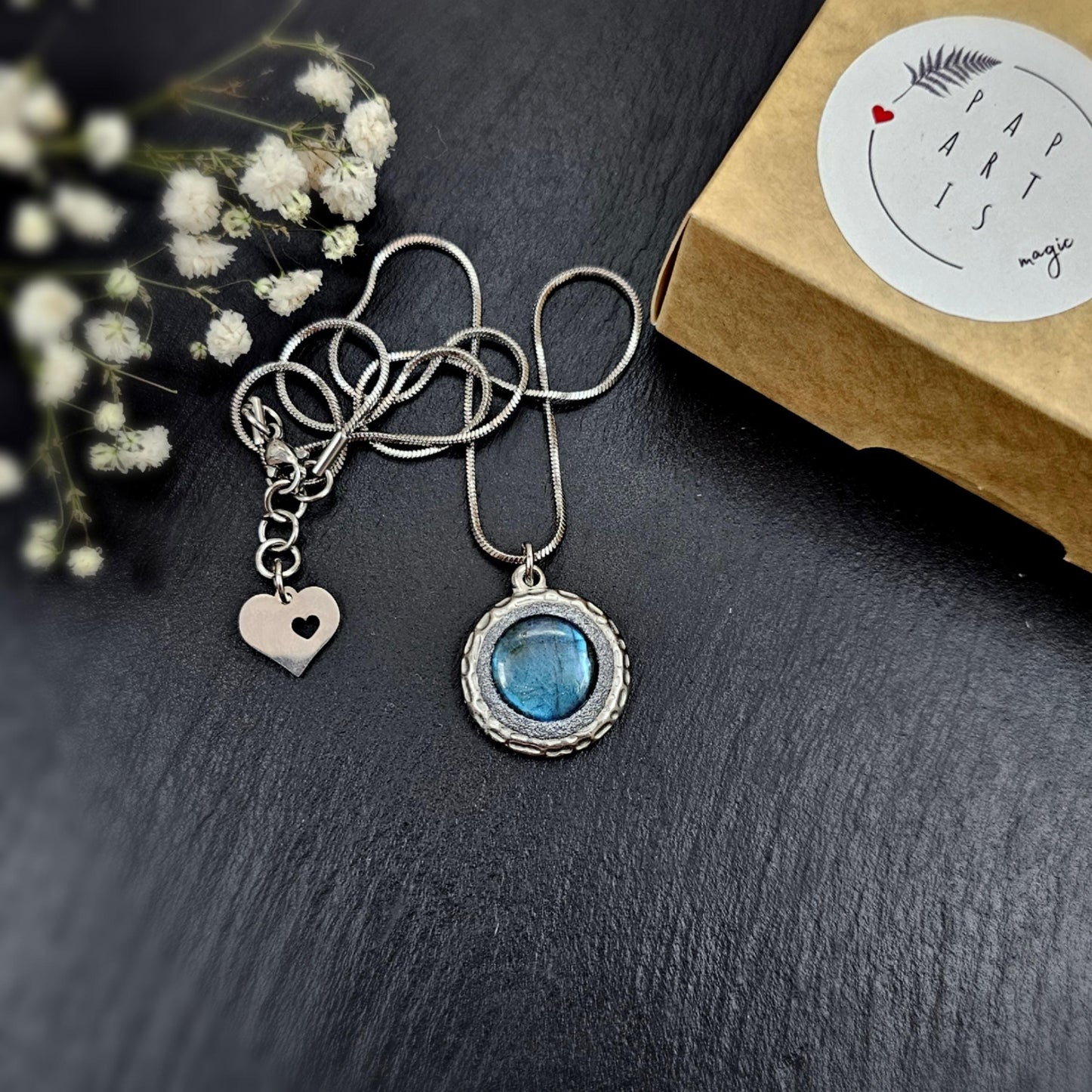 Handmade labradorite pendant necklace with a short stainless steel chain. Features a unique polymer clay setting. One of a kind magical jewelry, perfect gift for her.
