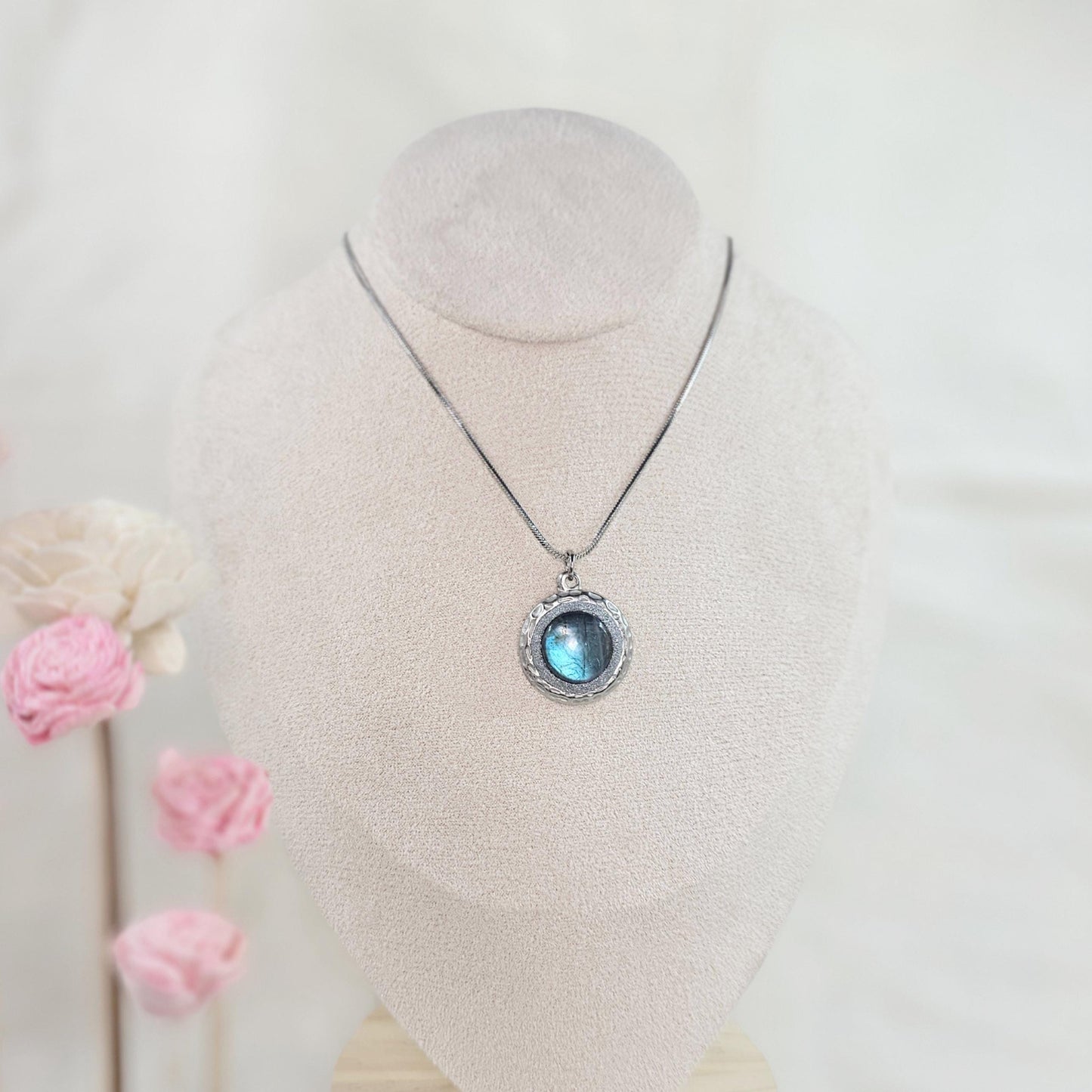 Handmade labradorite pendant necklace with a short stainless steel chain. Features a unique polymer clay setting. One of a kind magical jewelry, perfect gift for her.