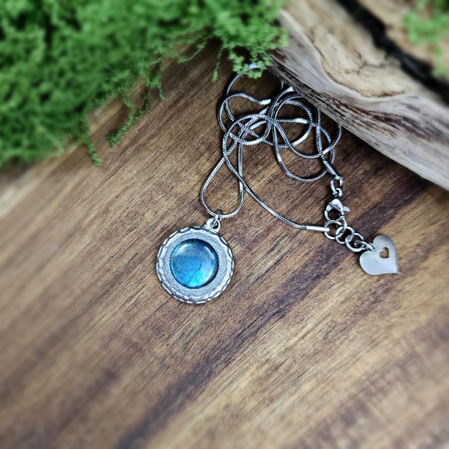 Handmade labradorite pendant necklace with a short stainless steel chain. Features a unique polymer clay setting. One of a kind magical jewelry, perfect gift for her.