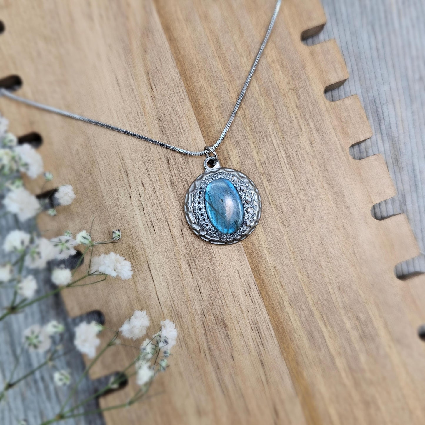 Handmade labradorite pendant necklace with a short stainless steel chain. Features a unique polymer clay setting. One of a kind magical jewelry, perfect gift for her.