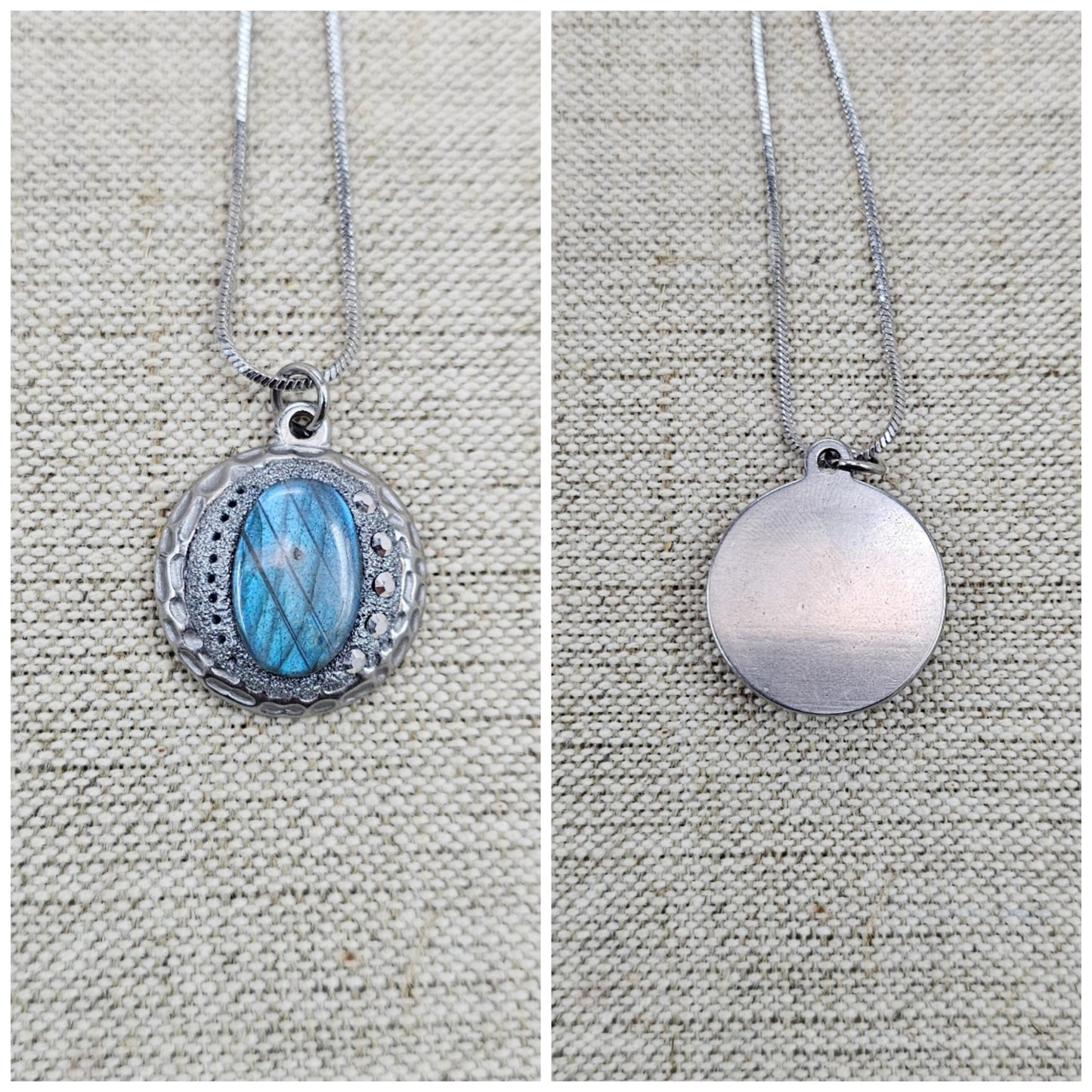 Handmade labradorite pendant necklace with a short stainless steel chain. Features a unique polymer clay setting. One of a kind magical jewelry, perfect gift for her.