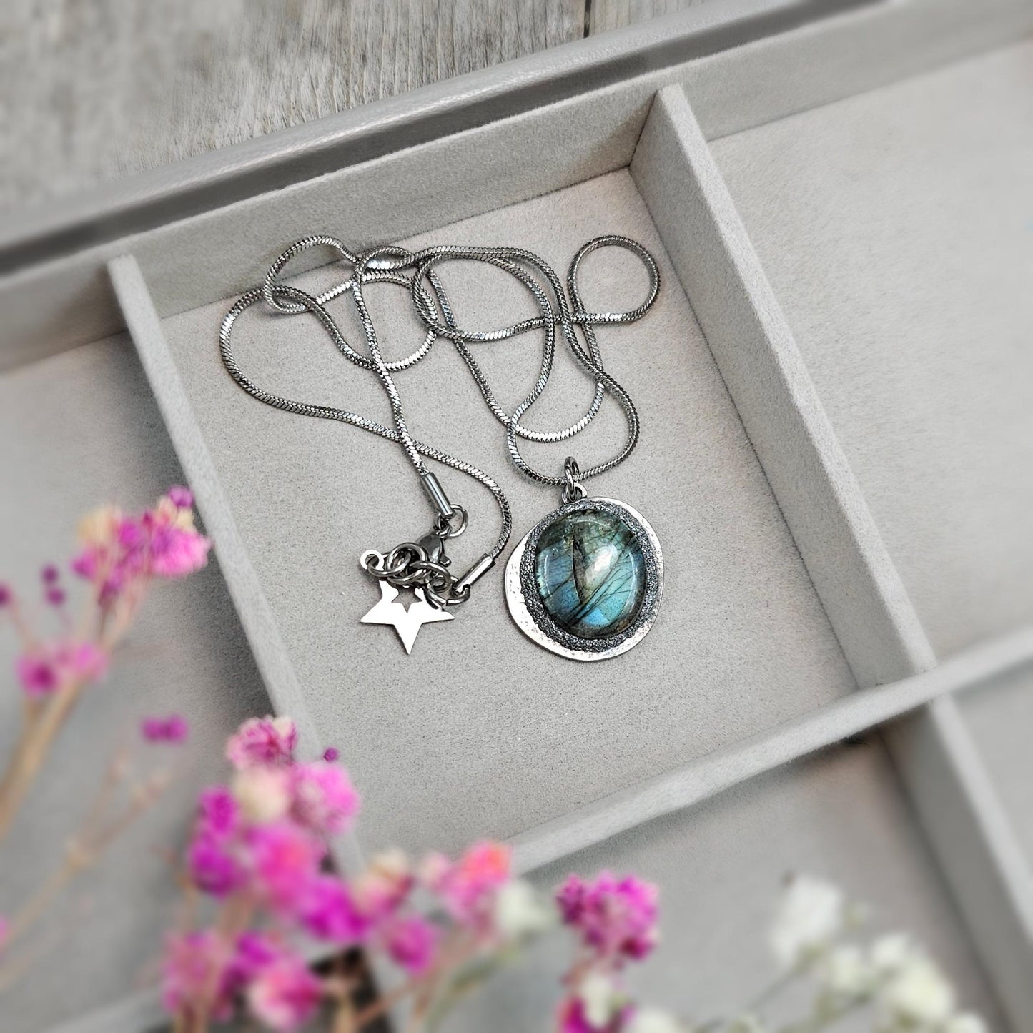 Handmade labradorite pendant necklace with a short stainless steel chain. Features a unique polymer clay setting. One of a kind magical jewelry, perfect gift for her.