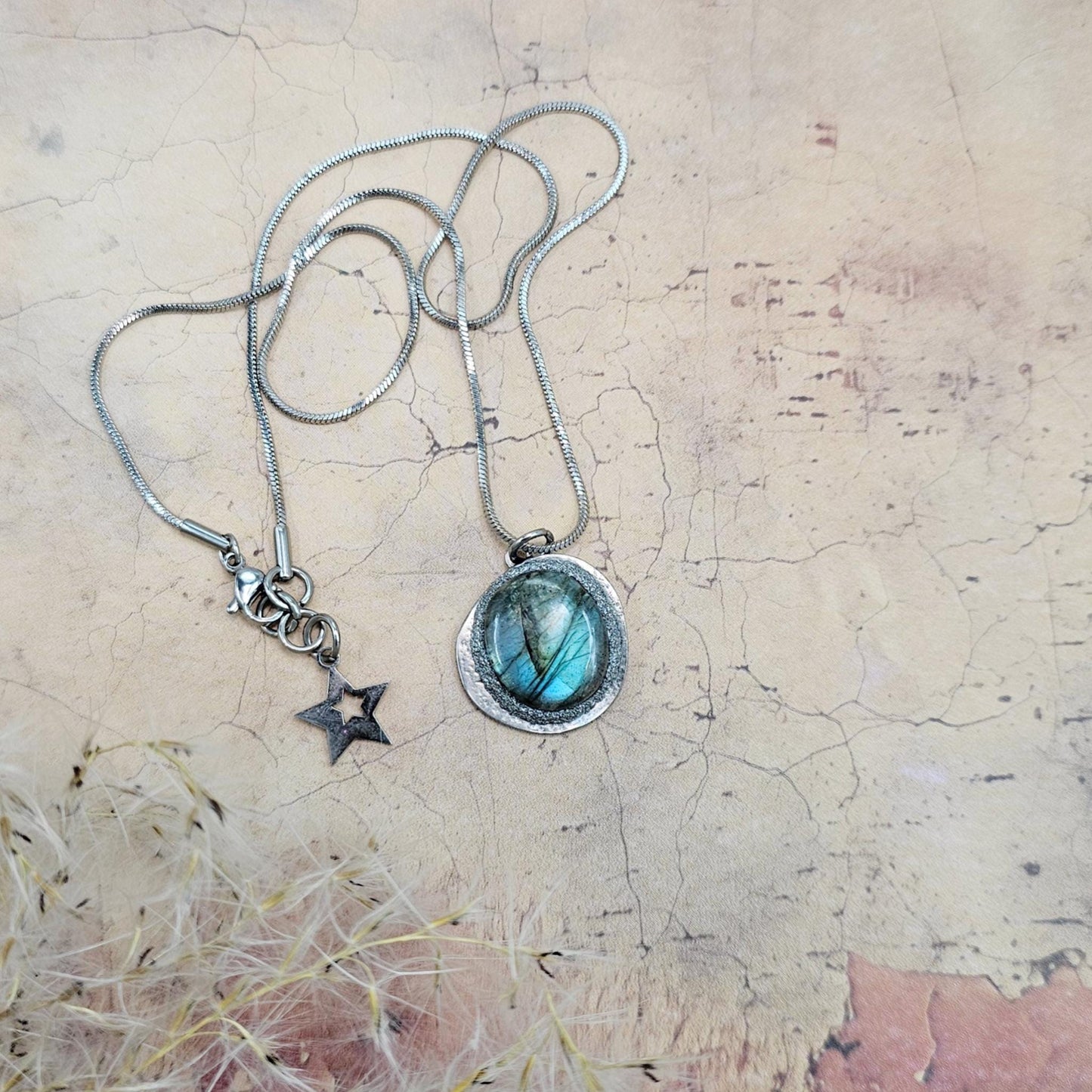 Handmade labradorite pendant necklace with a short stainless steel chain. Features a unique polymer clay setting. One of a kind magical jewelry, perfect gift for her.