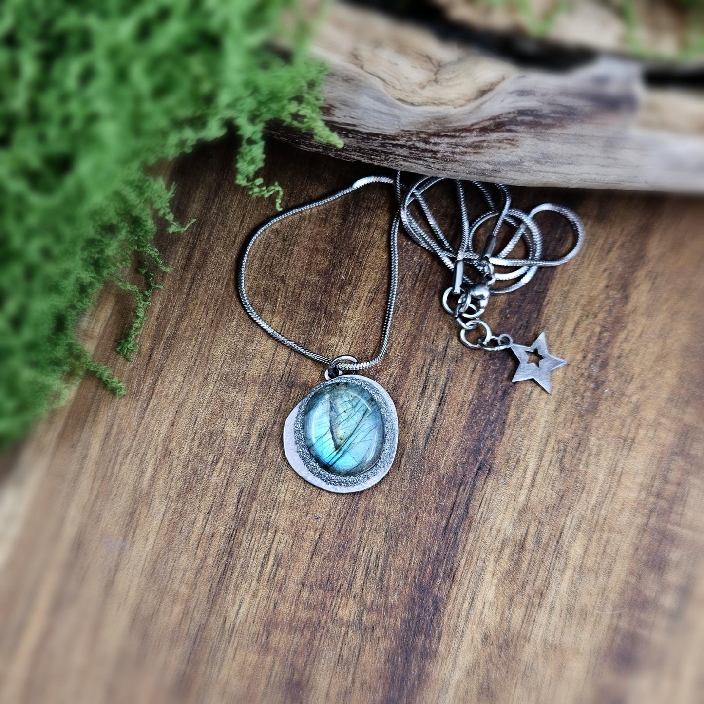 Handmade labradorite pendant necklace with a short stainless steel chain. Features a unique polymer clay setting. One of a kind magical jewelry, perfect gift for her.
