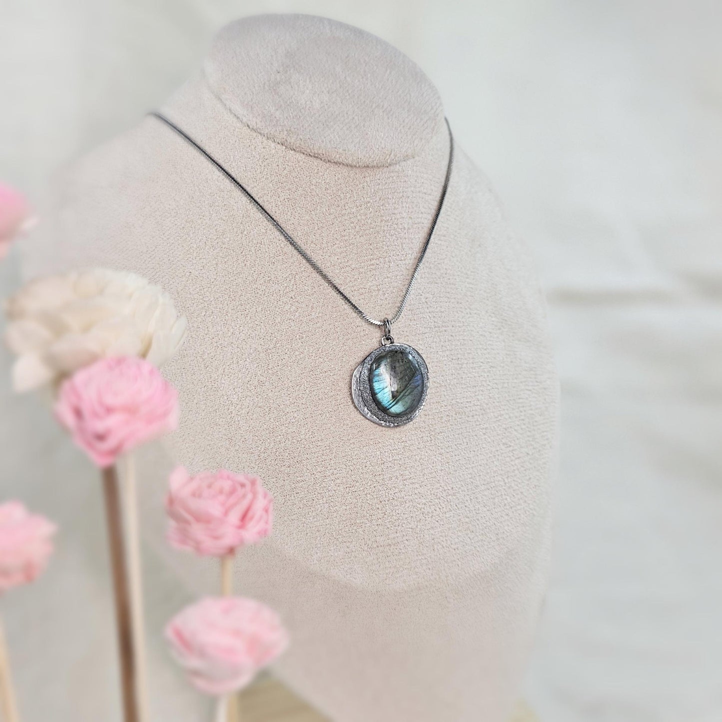 Handmade labradorite pendant necklace with a short stainless steel chain. Features a unique polymer clay setting. One of a kind magical jewelry, perfect gift for her.