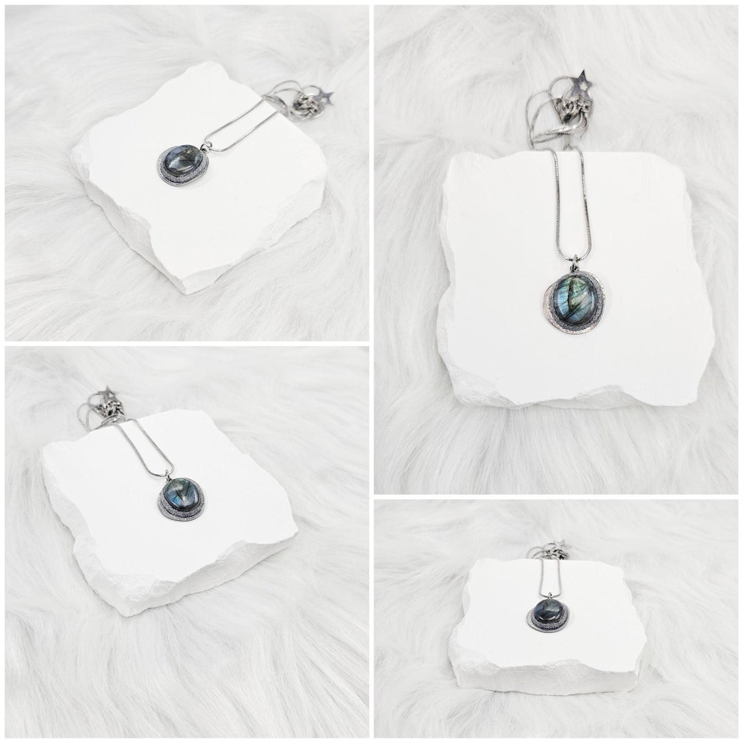 Handmade labradorite pendant necklace with a short stainless steel chain. Features a unique polymer clay setting. One of a kind magical jewelry, perfect gift for her.