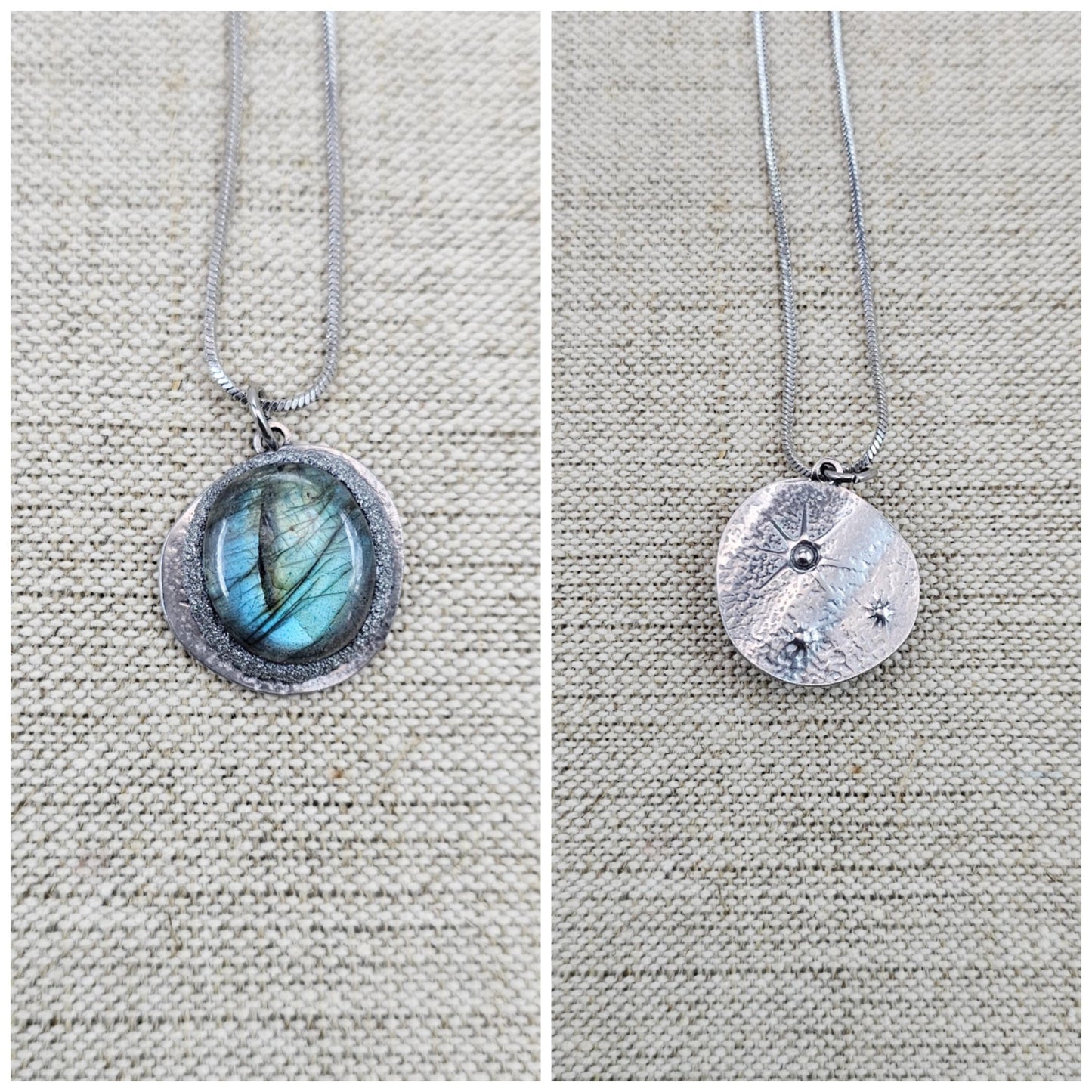 Handmade labradorite pendant necklace with a short stainless steel chain. Features a unique polymer clay setting. One of a kind magical jewelry, perfect gift for her.