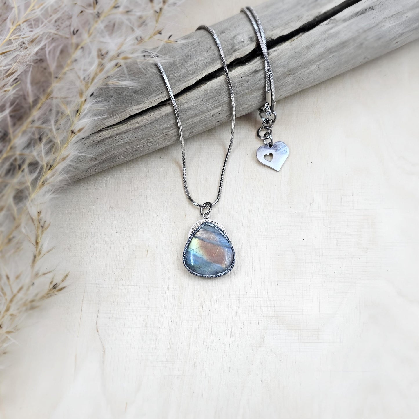 Handmade labradorite pendant necklace with a short stainless steel chain. Features a unique polymer clay setting. One of a kind magical jewelry, perfect gift for her.