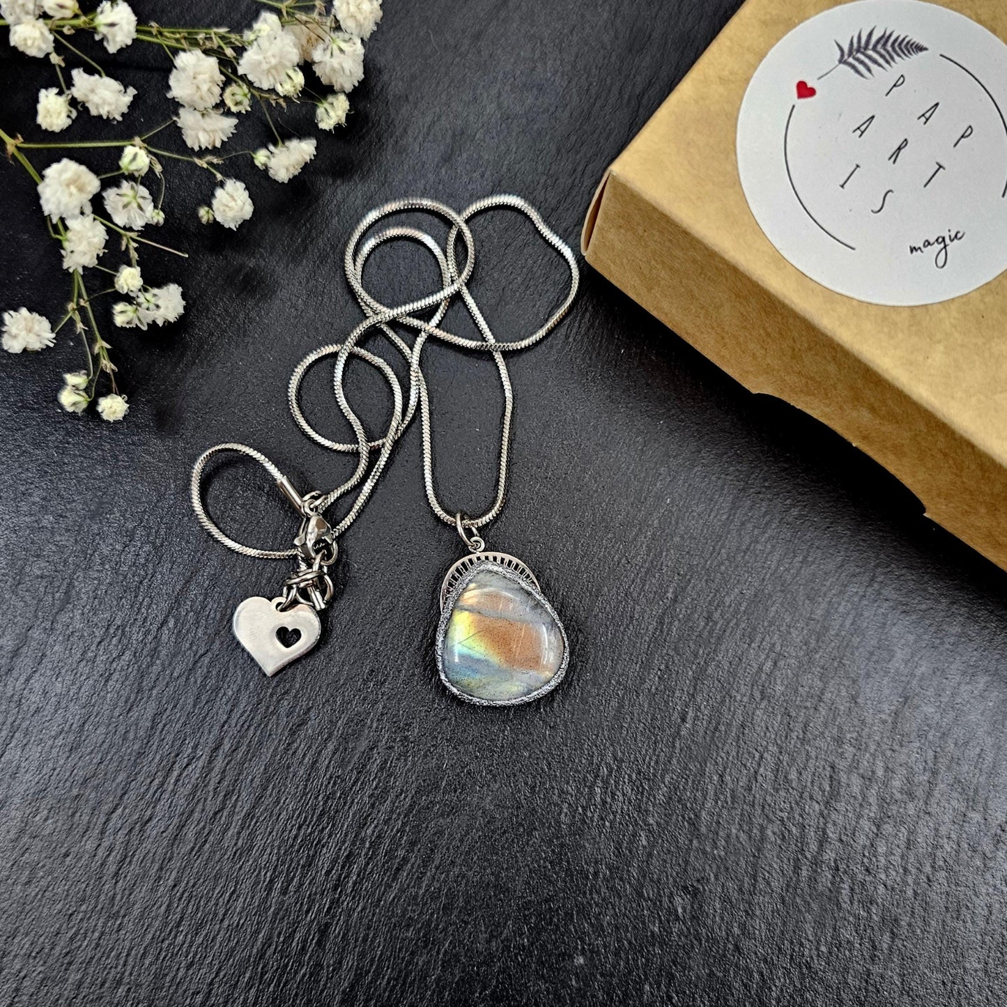 Handmade labradorite pendant necklace with a short stainless steel chain. Features a unique polymer clay setting. One of a kind magical jewelry, perfect gift for her.