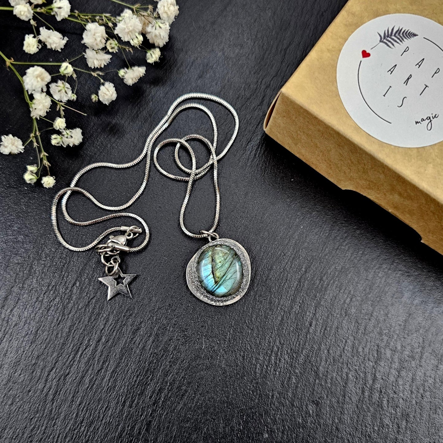 Handmade labradorite pendant necklace with a short stainless steel chain. Features a unique polymer clay setting. One of a kind magical jewelry, perfect gift for her.