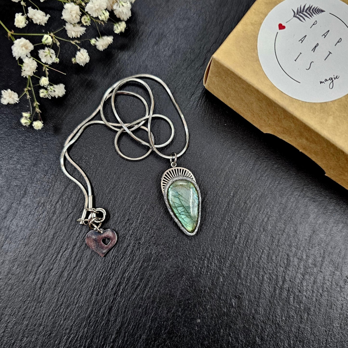 Handmade labradorite pendant necklace with a short stainless steel chain. Features a unique polymer clay setting. One of a kind magical jewelry, perfect gift for her.